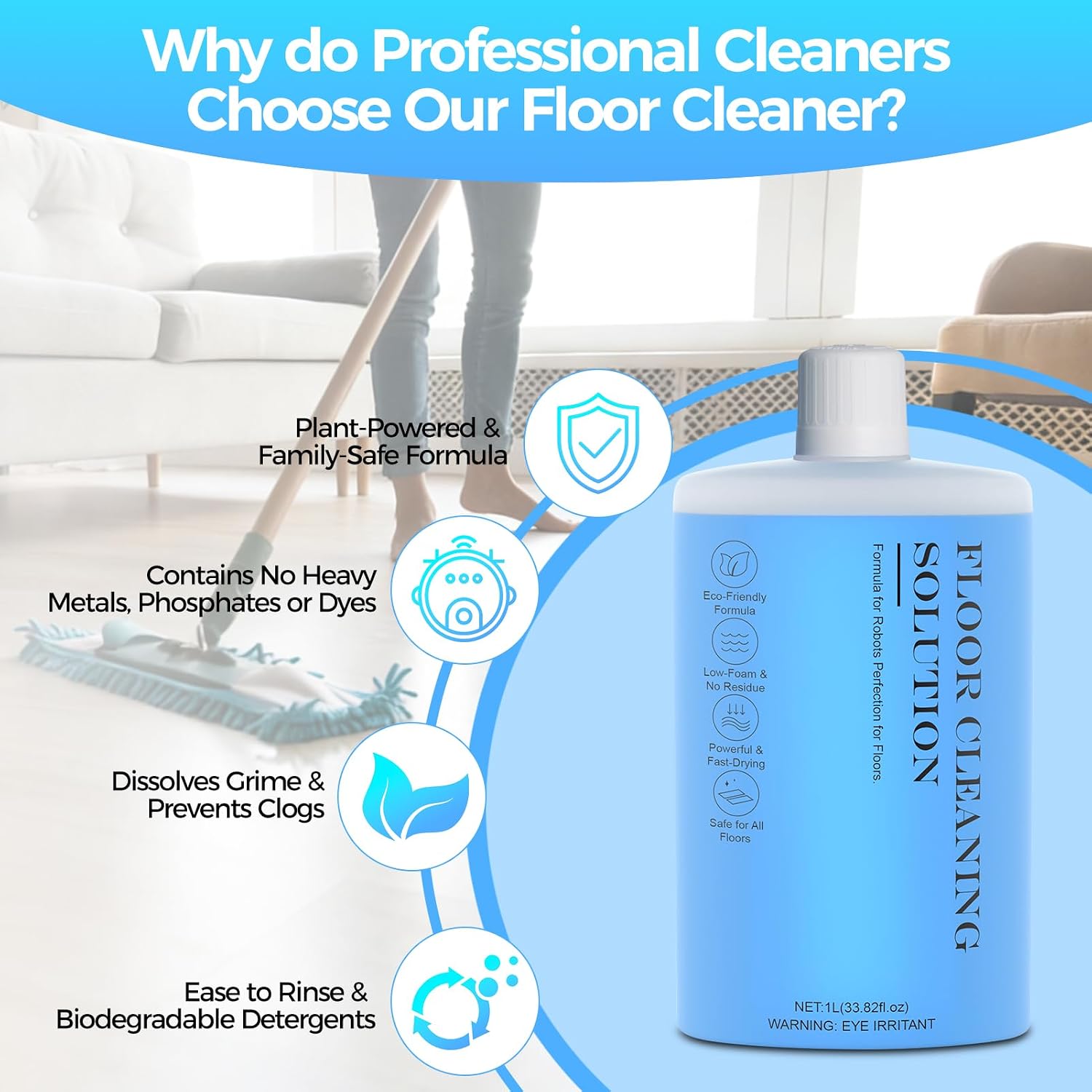 Floor Cleaning Solution,Floor Cleaner for Hardwood Tile Hardfloor Marble Cement Vinyl Flooring Laminate Flooring, Compatible Robot Vacuums with Mopping and Wet Dry Vacuum,1L, 33.8 Fl. OZ