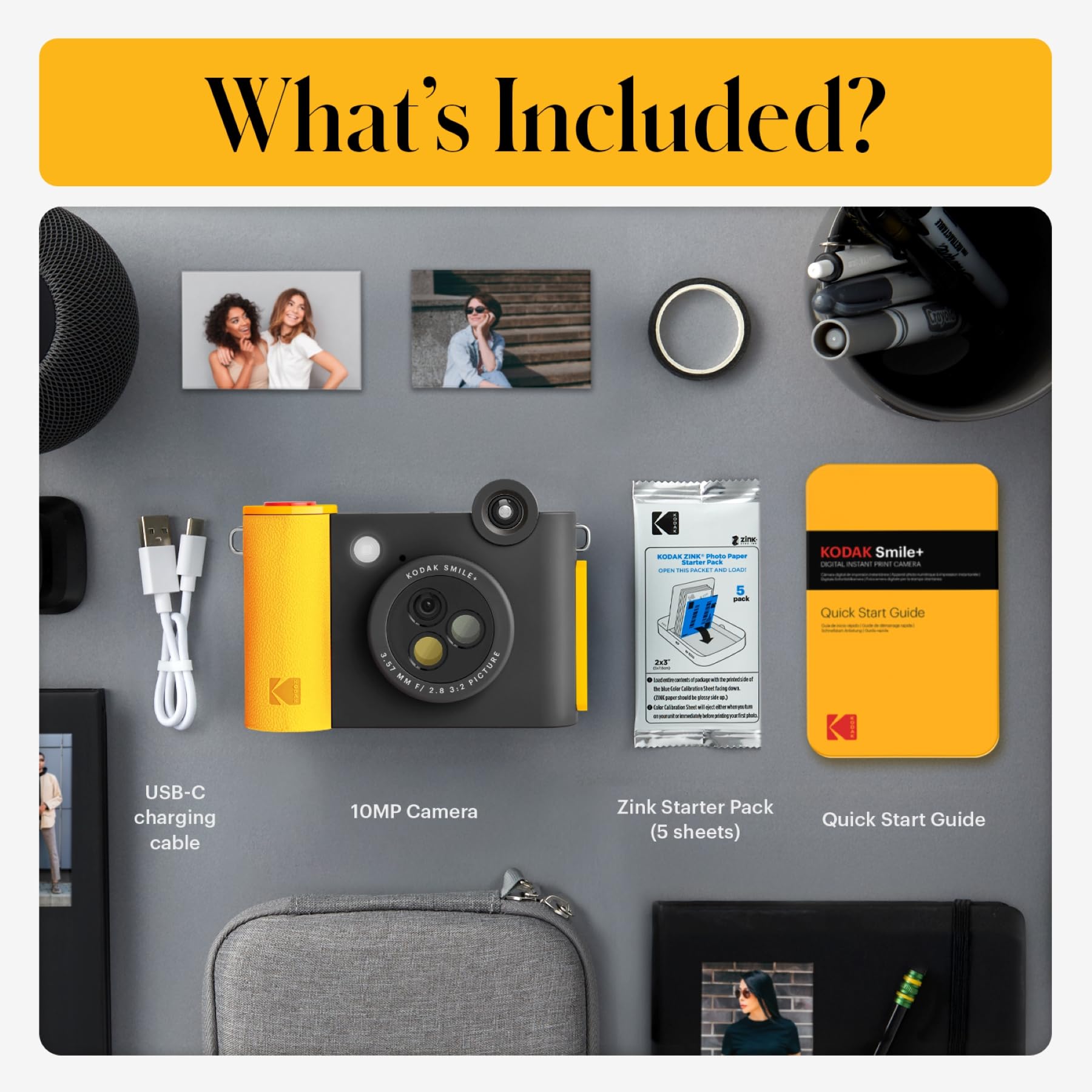 Kodak Smile+ Cámara Digital instantánea 2-en-1 y Impresora Bluetooth - 10MP, Lente giratoria con Efectos, Fotos Adhesivas Zink 2x3”, Imprime Desde App en Dispositivos Inteligentes - Negro