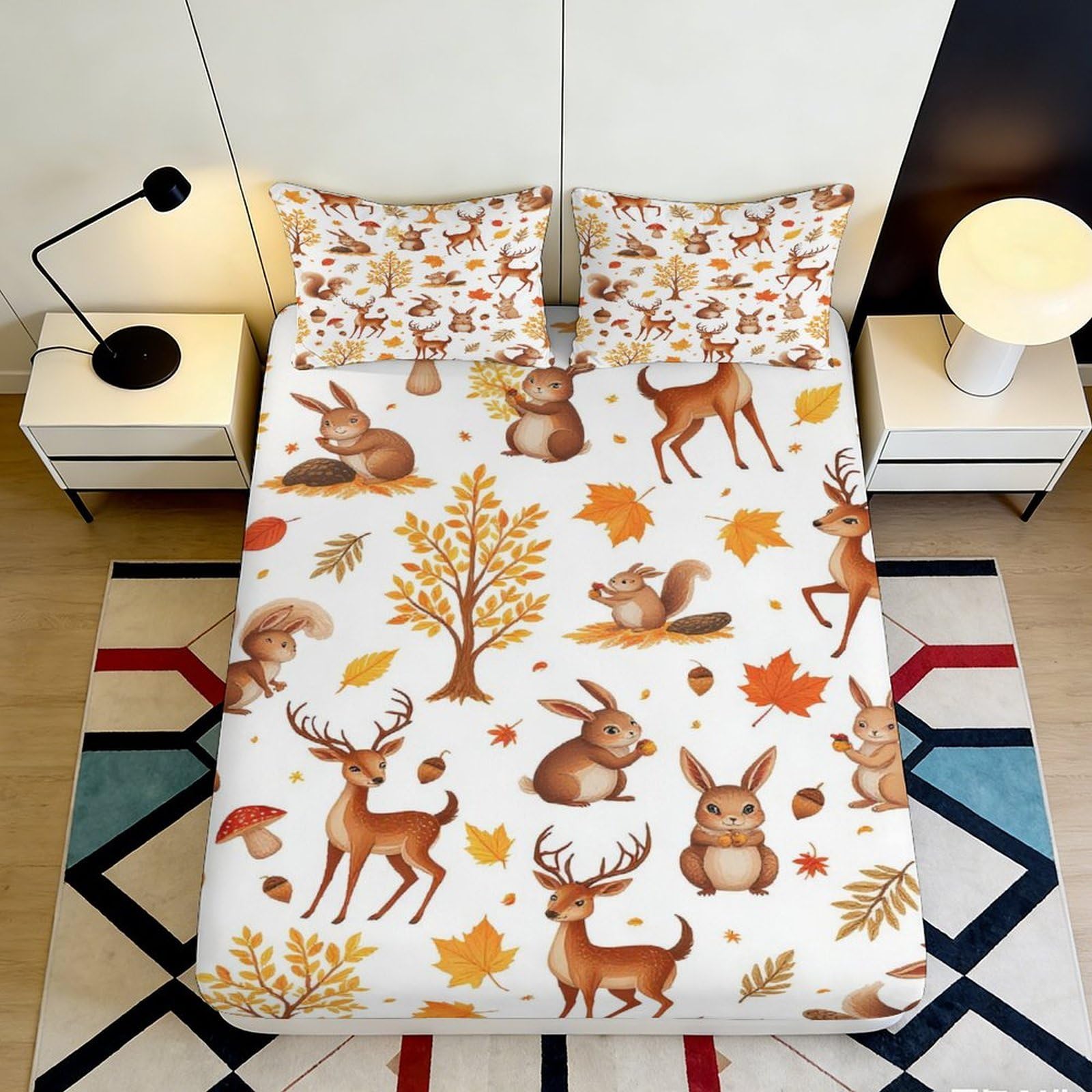 3D Printed Autumn Forest Deer Fitted Sheet Microfiber Soft Woodland Animal Bed Cover for Bedroom Dorm Mattress Decor 90x200x25cm