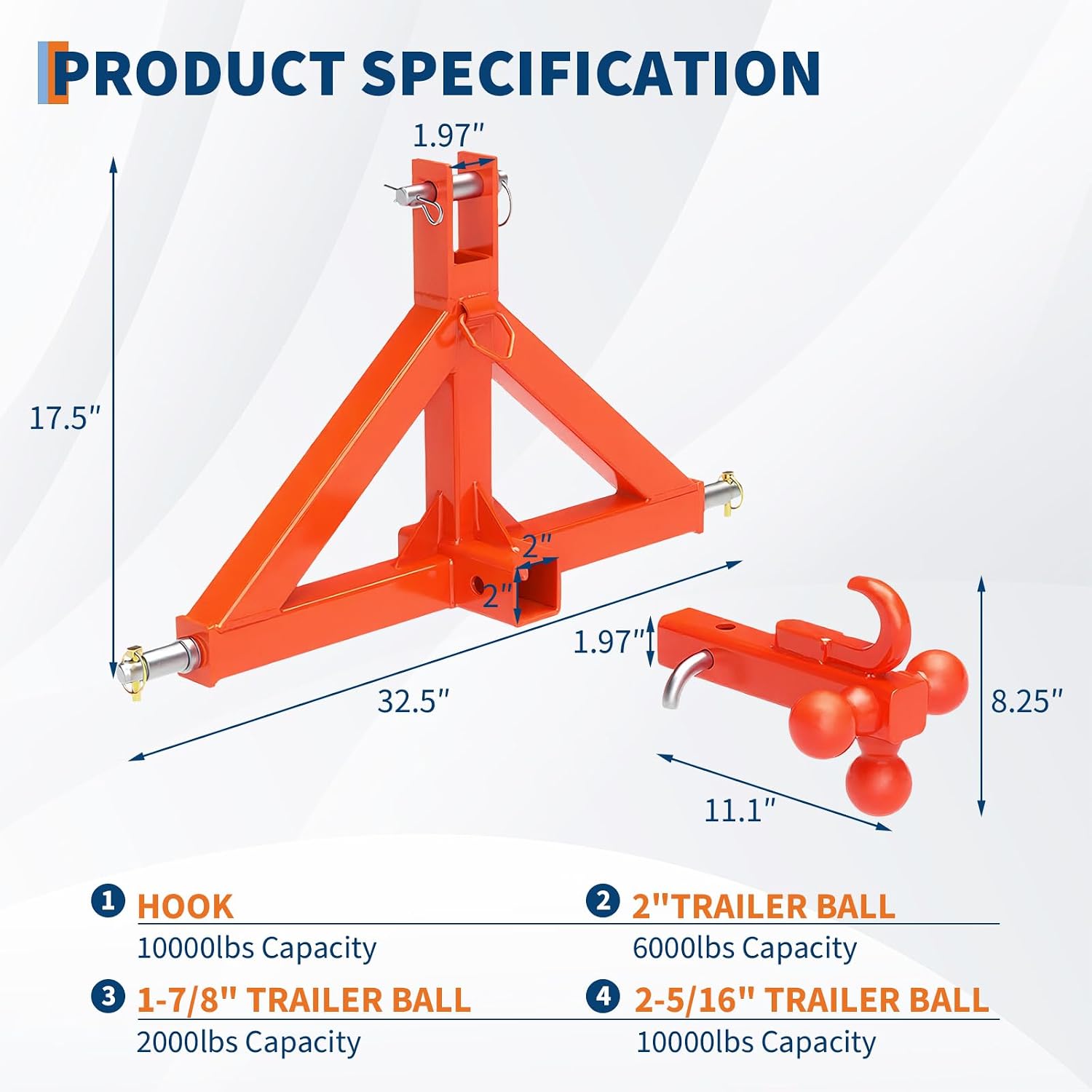 Category 1 Tractor 3 Point Hitch Receiver - 2" Heavy Duty Trailer Ball Mount (2,000-10,000LB) for Kubota, Mahindra, Quick Hitch Attachment w/Hook