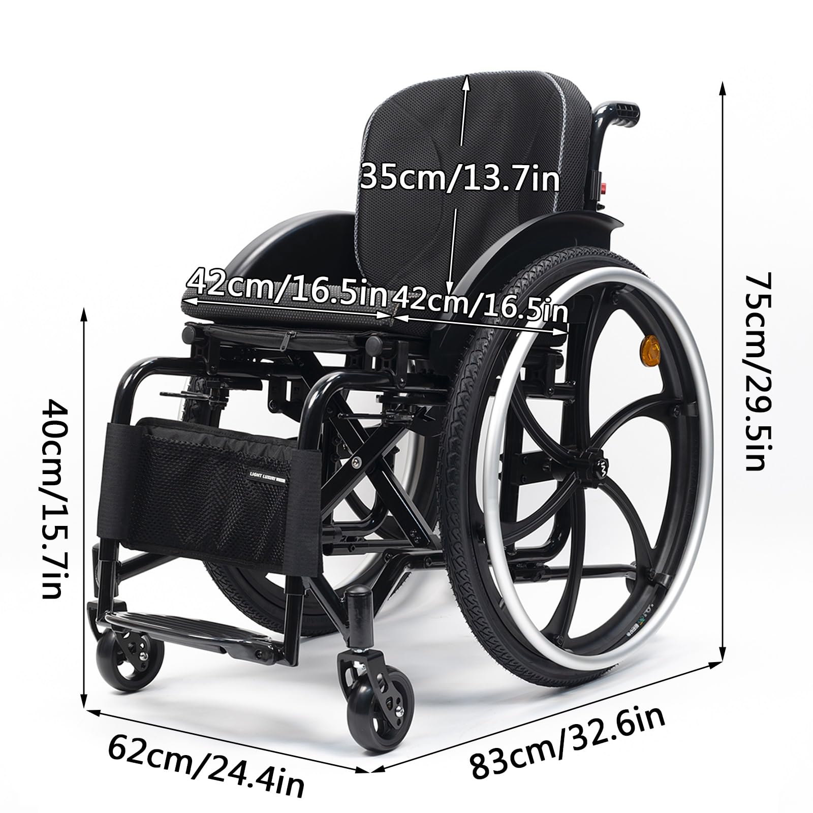 Sedia a rotelle sportiva for tutti i terreni, sedia a rotelle manuale semovente, pieghevole, portatile, lega di alluminio, nero, stile moderno, capacità di carico di 220 libbre(42cm/16.5in)