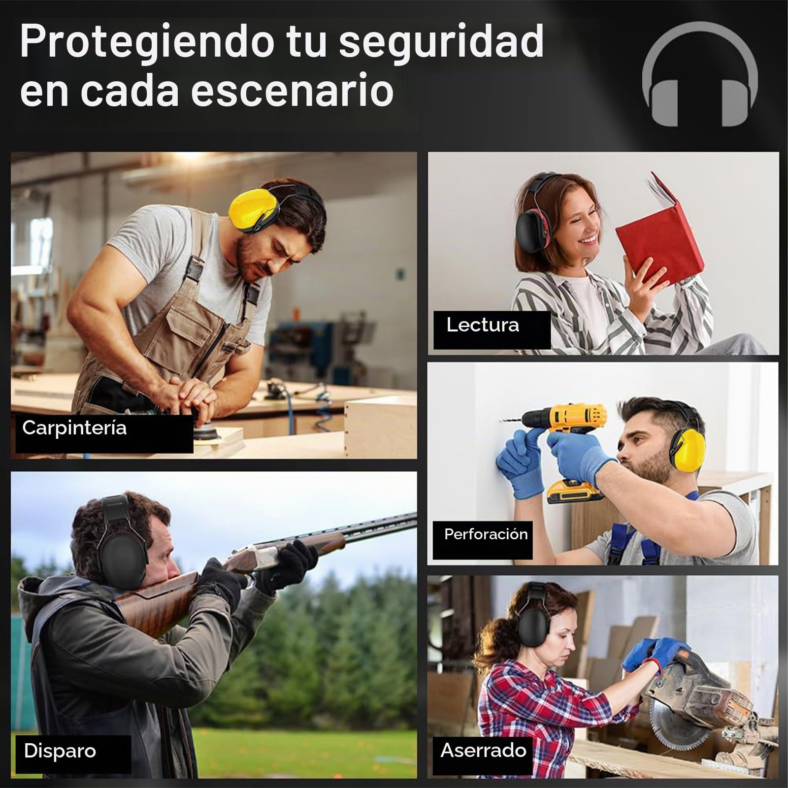 flintronic Casco Antiruido, Protectores Auditivos SNR 28/22/25 dB, Ajustable Cascos Insonorizacion, para Adultos/Niños, para el Trabajo, Estudiar