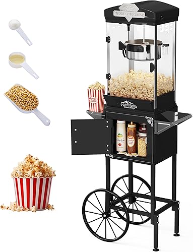 Máquina de palomitas de maíz de 10 onzas con hervidor fácil de desmontar, carrito de máquina de palomitas de maíz hace 40 tazas, estilo cine,
