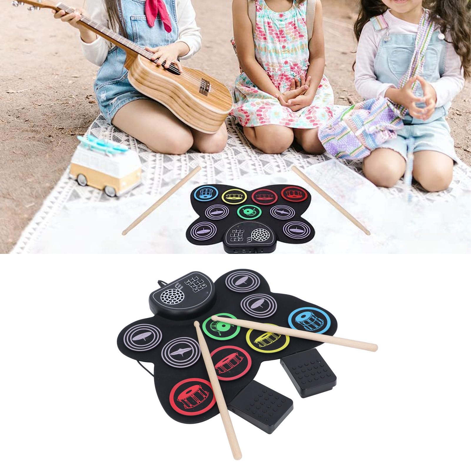 E-Drum-Set, Farbenfrohes, Tragbares, Aufrollbares Übungs-Drum-Pad mit Fußpedal und Drumsticks