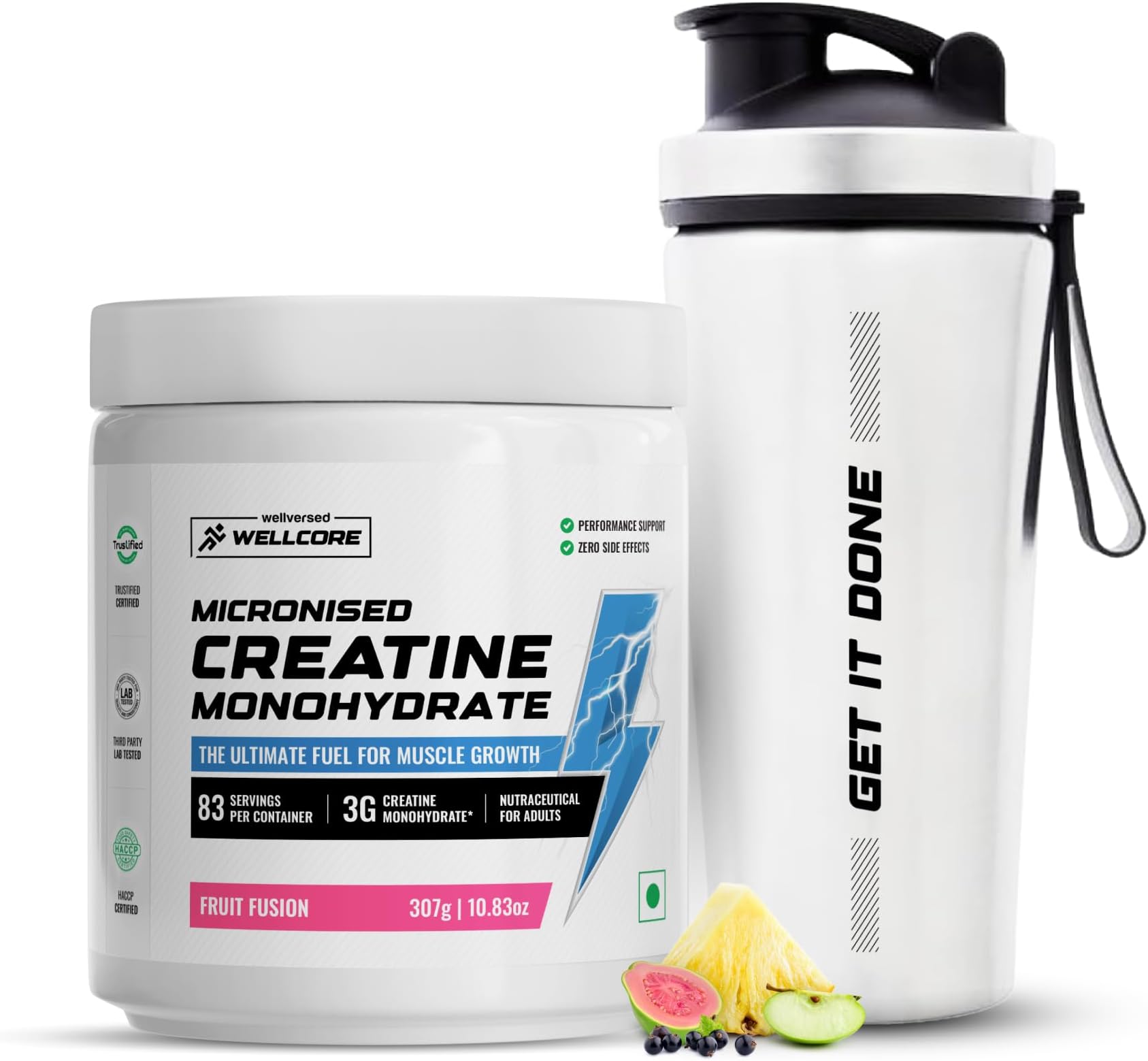 Wellcore Pure Micronised Creatine Powder With Shaker (83 Servings, Fruit Fusion) For Enhanced Muscle Strength With Rapid Absorption | Creatine Monohydrate | Wellcore Creatine Flavoured - 307g