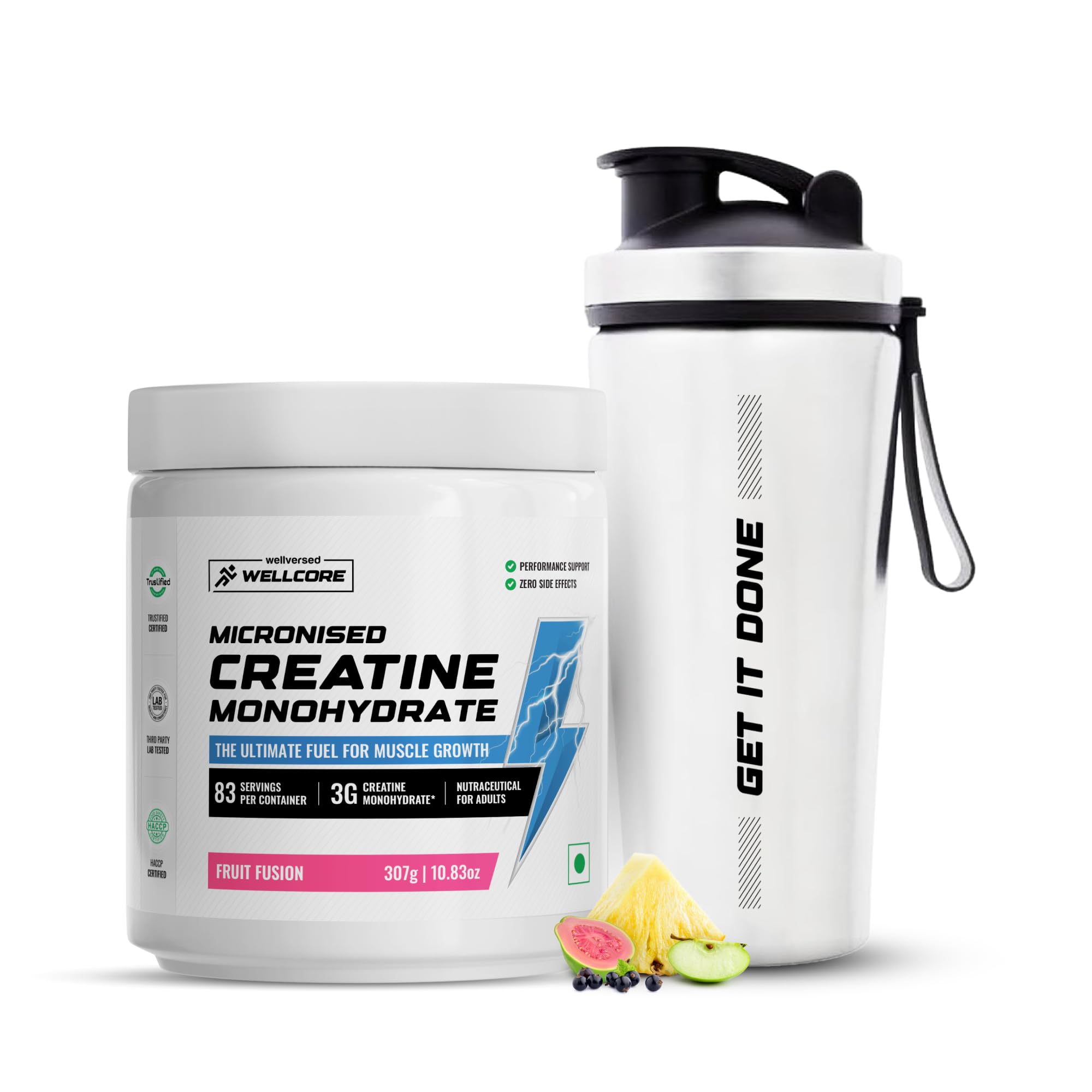 Wellcore Pure Micronised Creatine Powder With Shaker (83 Servings, Fruit Fusion) For Enhanced Muscle Strength With Rapid Absorption | Creatine Monohydrate | Wellcore Creatine Flavoured - 307g