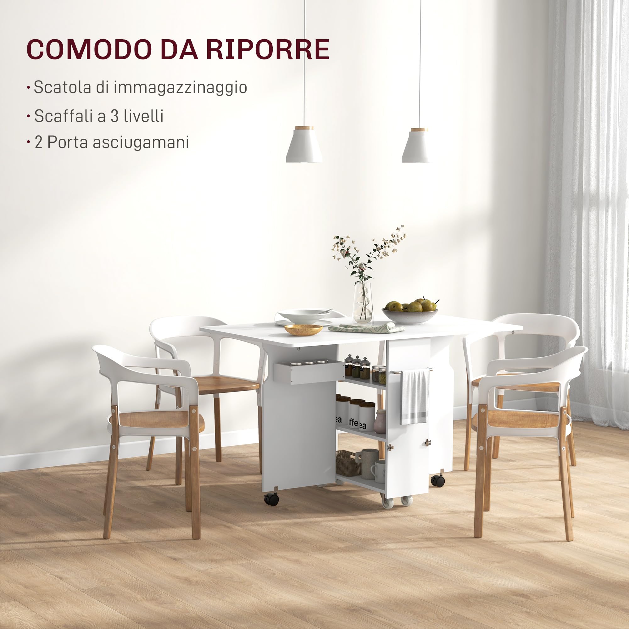 HOMCOM Tavolo a Ribalta con Ripiani a 3 Livelli, Box Portaoggetti e Rotelle, Tavolo Pieghevole in MDF, 130x80x76.5 cm, Bianco