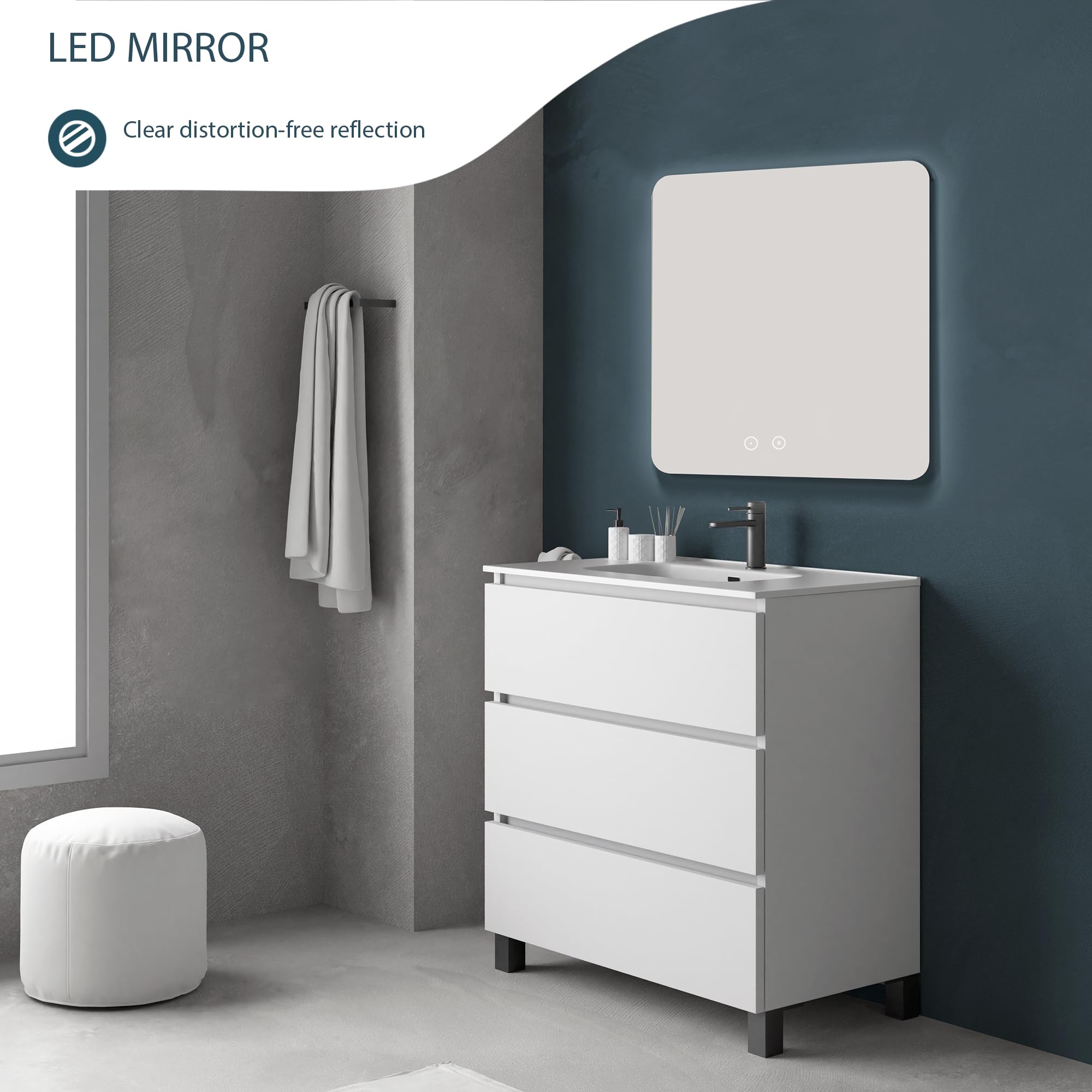 Espejo de Baño Rectangular con Luz LED Regulable, Antivaho, Interruptor Táctil, 3 Tonos de Luz, Apagado Automático, Fácil Instalación, Montaje en Pared, Diseño Sin Marco 80x80 cm