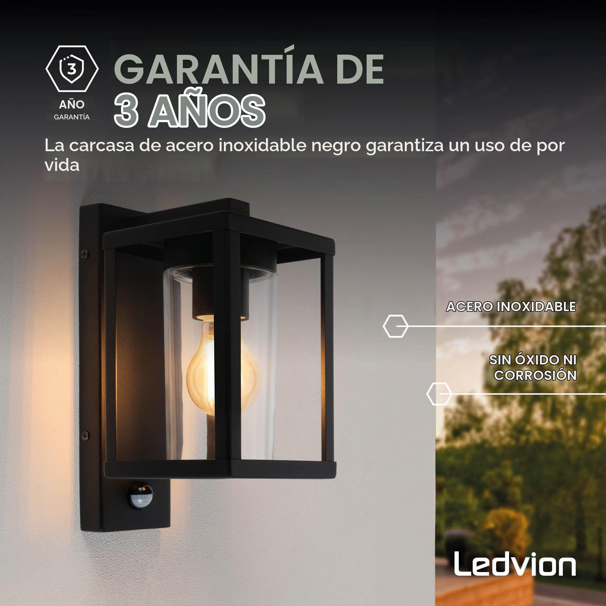 Ledvion - Lámpara de Pared LED con Sensor, Casquillo E27, IP44, Negra y Cuadrada, Lámpara Exterior, Iluminación Exterior