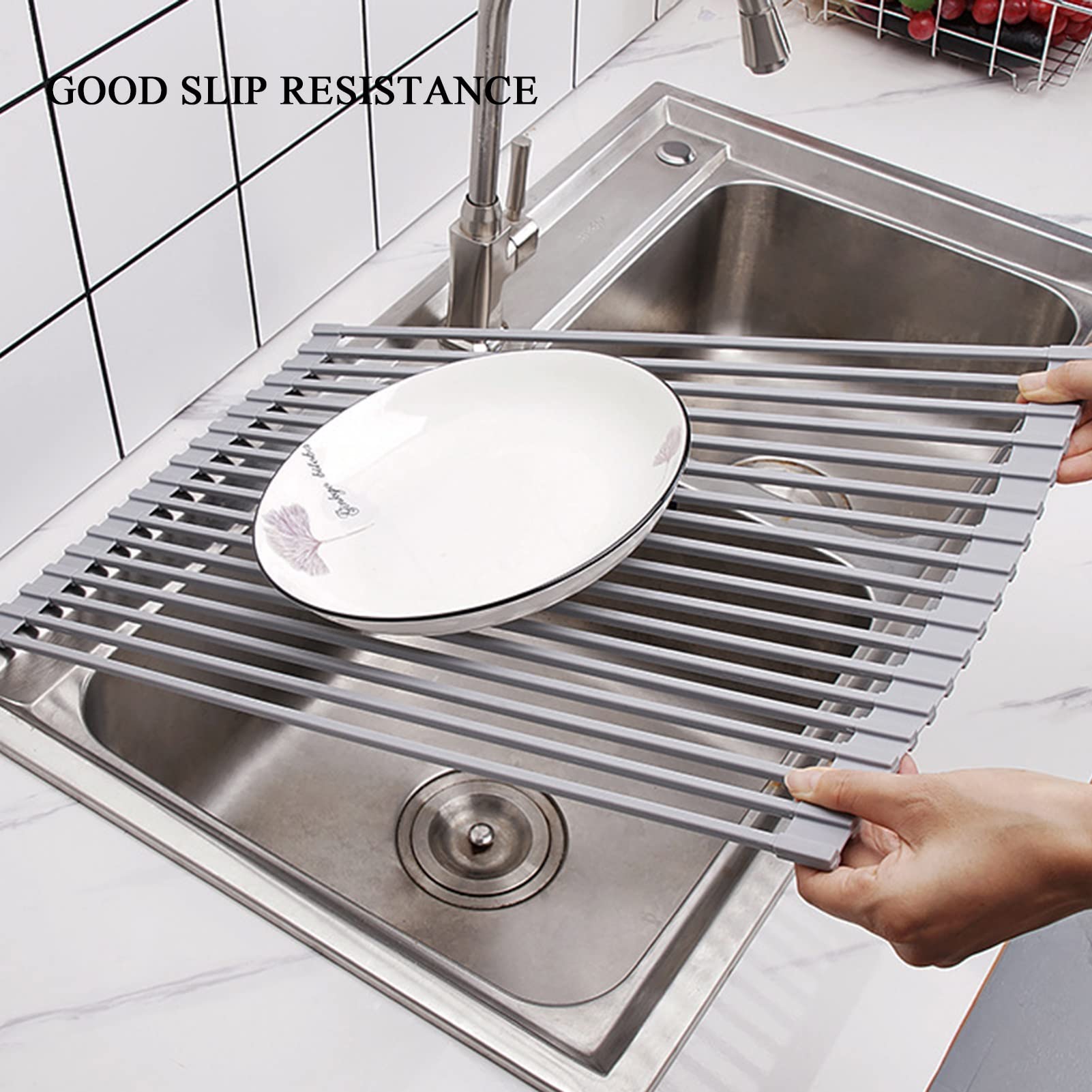 Scolapiatti avvolgibile, Scolapiatti pieghevole in silicone e acciaio inossidabile grigio 32x52cm