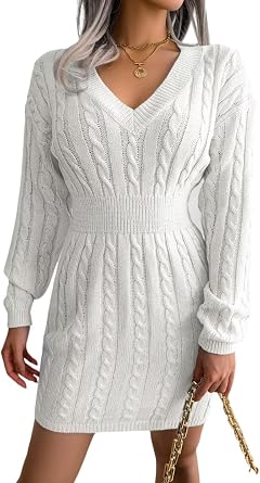 Womens Fall Sweater Dress Mini V Neck Long Sleeve Knit Slim Waist Short Sweater Dress