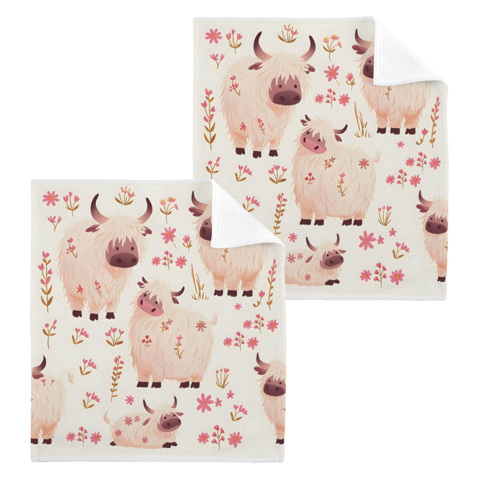 ALAZA Wash Cloth Set 100% Cotton Fingertip Towels Face Cloths Sets Yak Bison Cute Highly Absorbent Soft Feel Set of 2