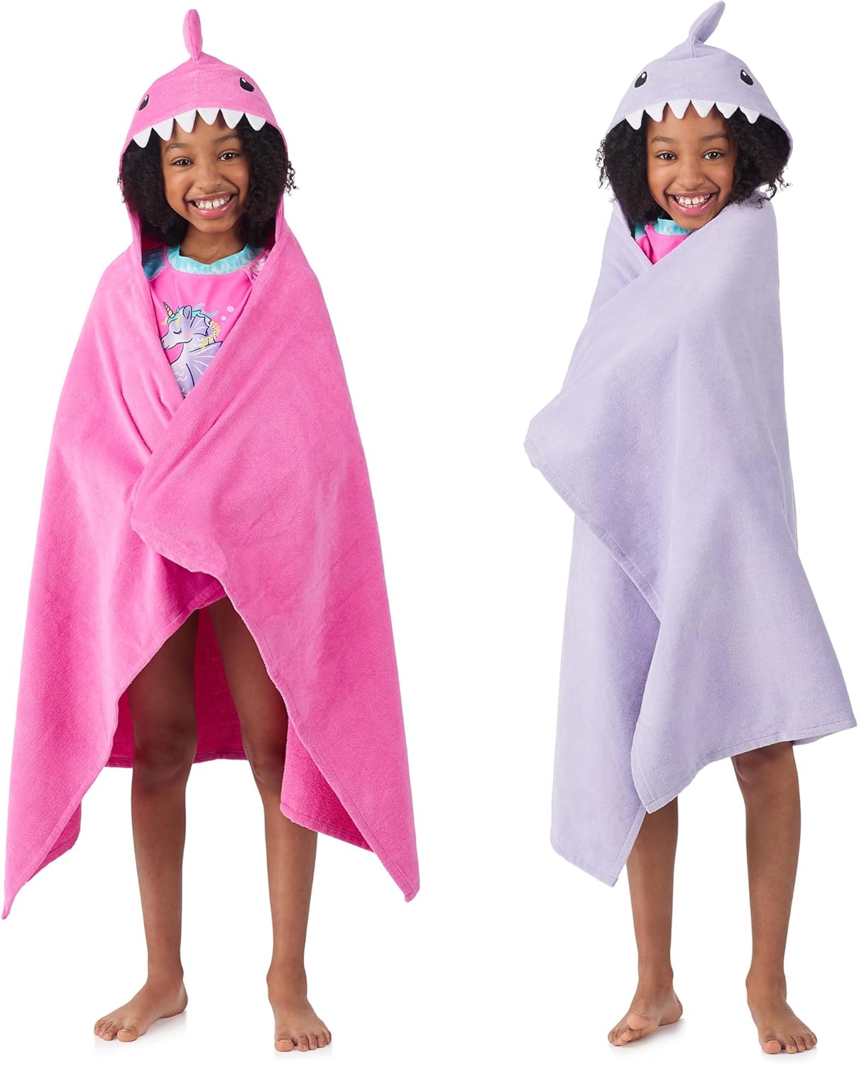Saint Eve Kids Hooded Bath Towel Set - 2 Pack Super Soft and Absorbent Fun Shark Towels - Beach, Bath & Pool Covers for Girls & Boys, Pink & Purple