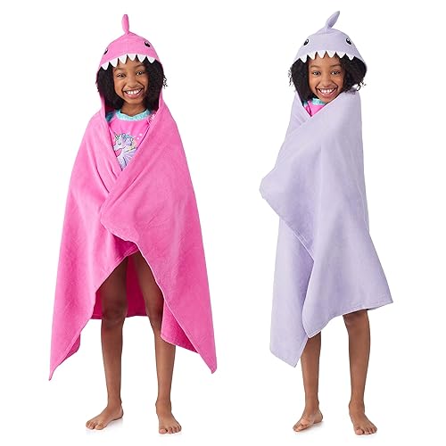 Saint Eve Kids Hooded Bath Towel Set - 2 Pack Super Soft and Absorbent Fun Shark Towels - Beach, Bath & Pool Covers for Girls & Boys, Pink & Purple