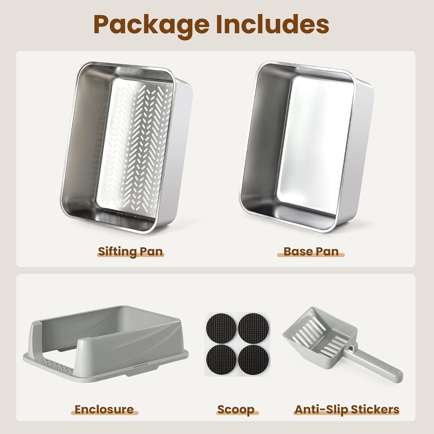 Stainless Steel Sifting Litter Box for Pine Pellets, Sifting Cat Litter Box with Sifter, High Side for Small Cats, Anti-Leakage, Odor Control, Includes Scooper, 17.7 x 13.8 x 11