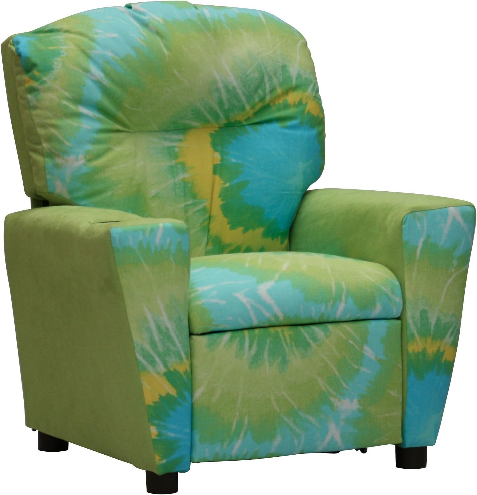 Toddler Upholstered Recliner Armchair with Cup Holder, Child Reclining Chair, Childrens Seat That Reclines, Blue Green Boho Hippy Tie Dye Kids Seating, Girls Boys Gender Neutral Designer Bedroom Decor