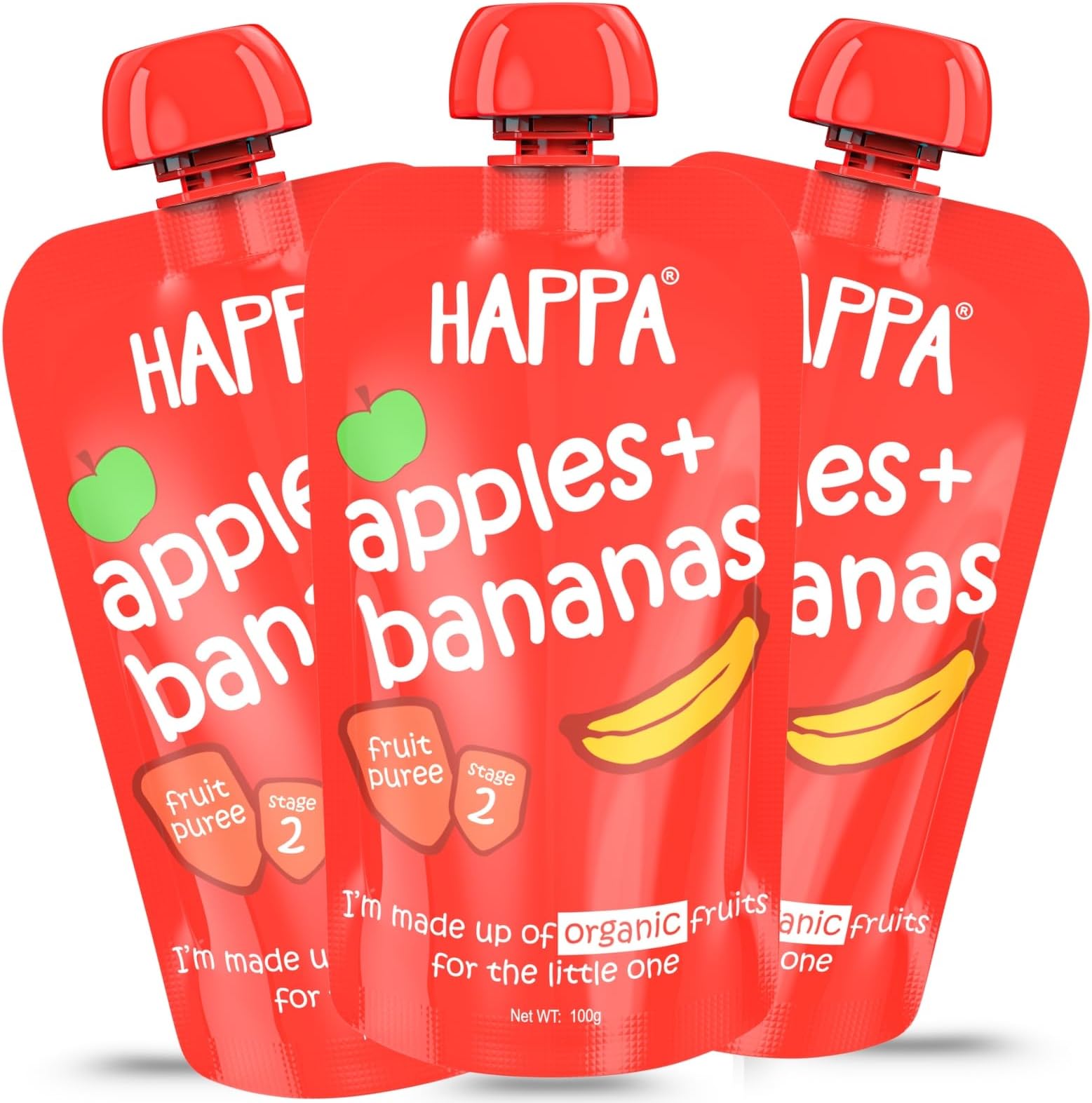 Happa Organic Baby Food Apple and Banana Puree | 100% Fruits | No Added Sugar, No Milk Powder, No Preservatives | Stage 2 (6 Months+) | Ready to Eat | Free from Common Allergens | Pack of 3 (100g Each)