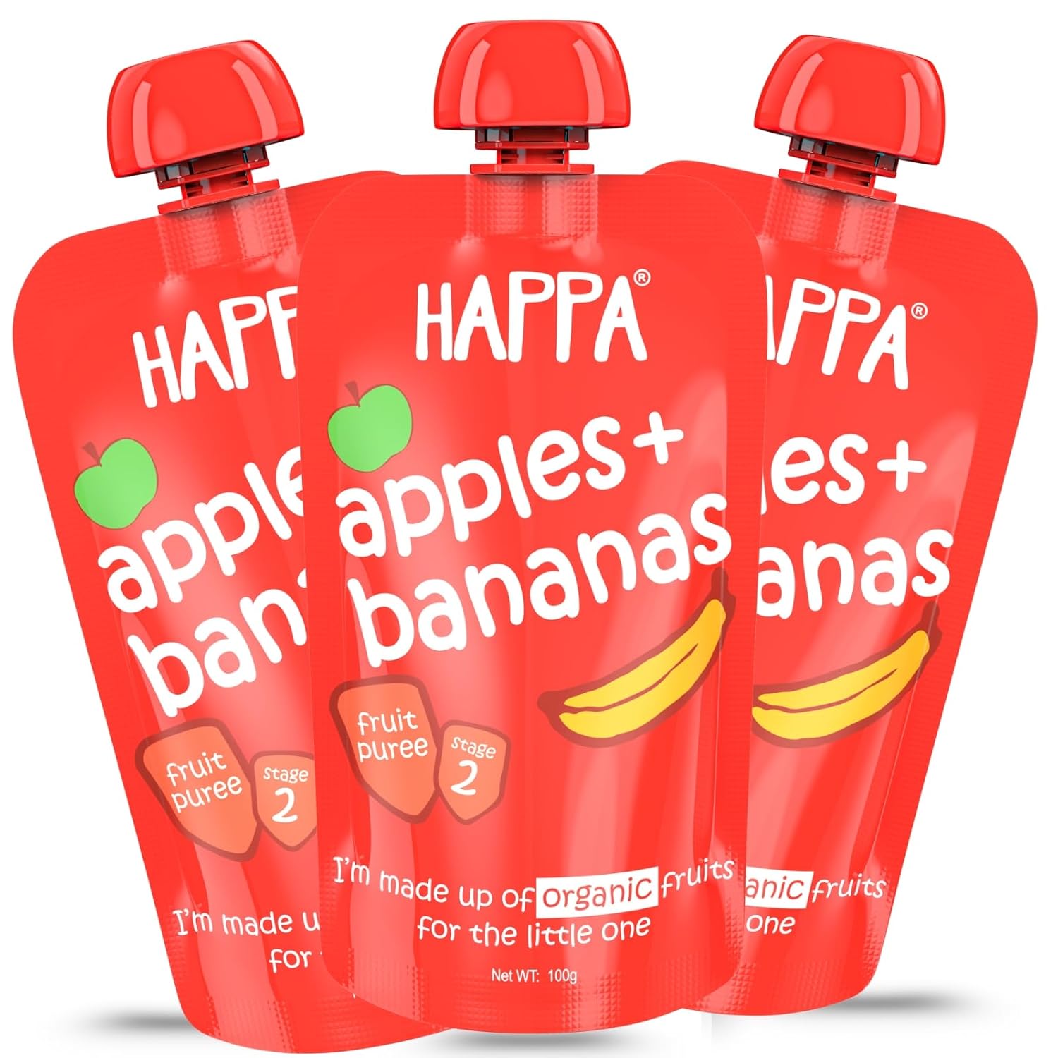 Happa Organic Baby Food Apple and Banana Puree | 100% Fruits | No Added Sugar, No Milk Powder, No Preservatives | Stage 2 (6 Months+) | Ready to Eat | Free from Common Allergens | Pack of 3 (100g Each)