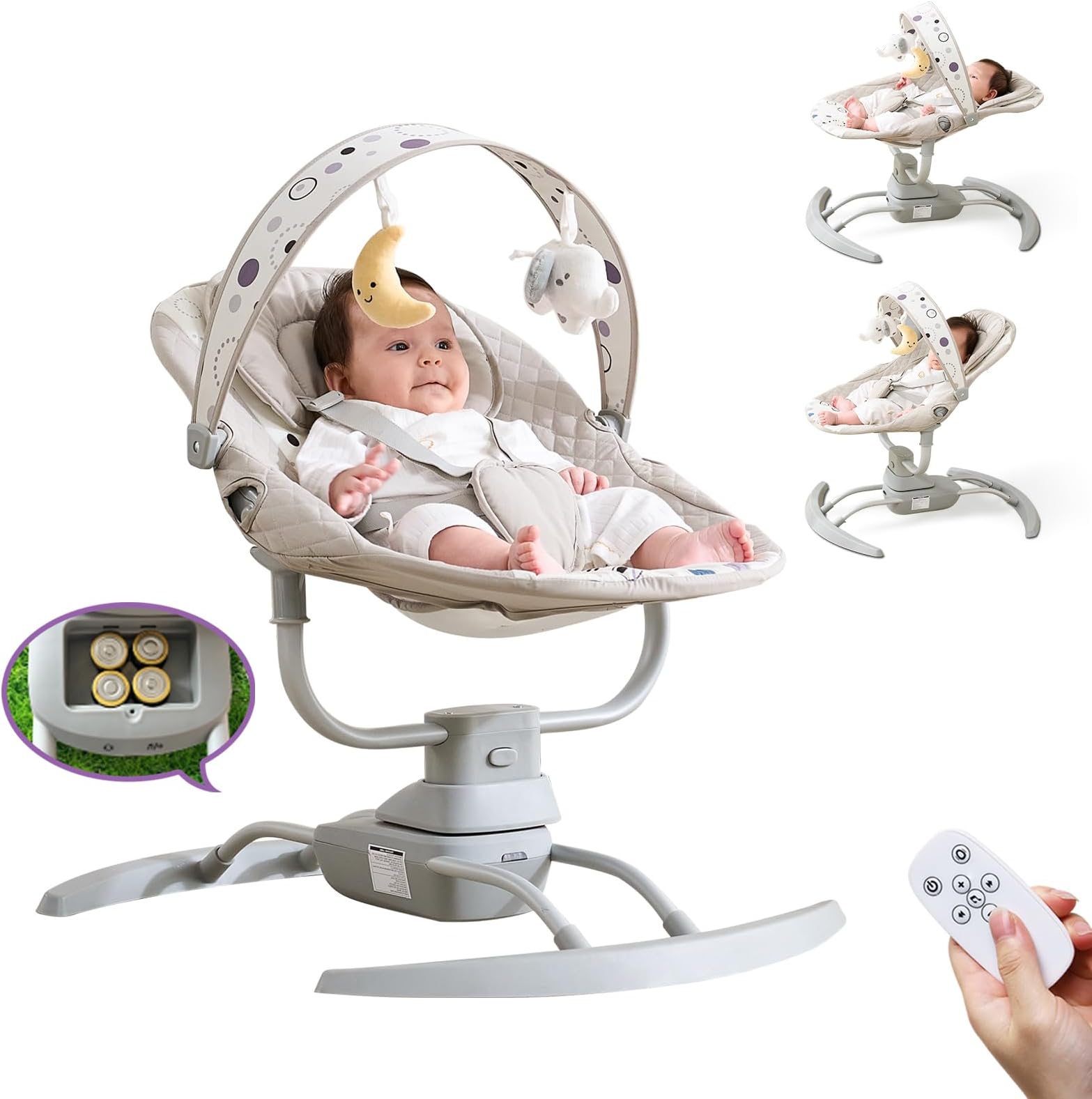 Electric Baby Swing for Newborn, Portable Baby Swings for Infants Girl Boys 5-20 lb, Baby Rocker with 3 Speeds, 8 Music, Adjustable Recline, Indoor/Outdoor Use, Plug/Power Bank/Battery Options