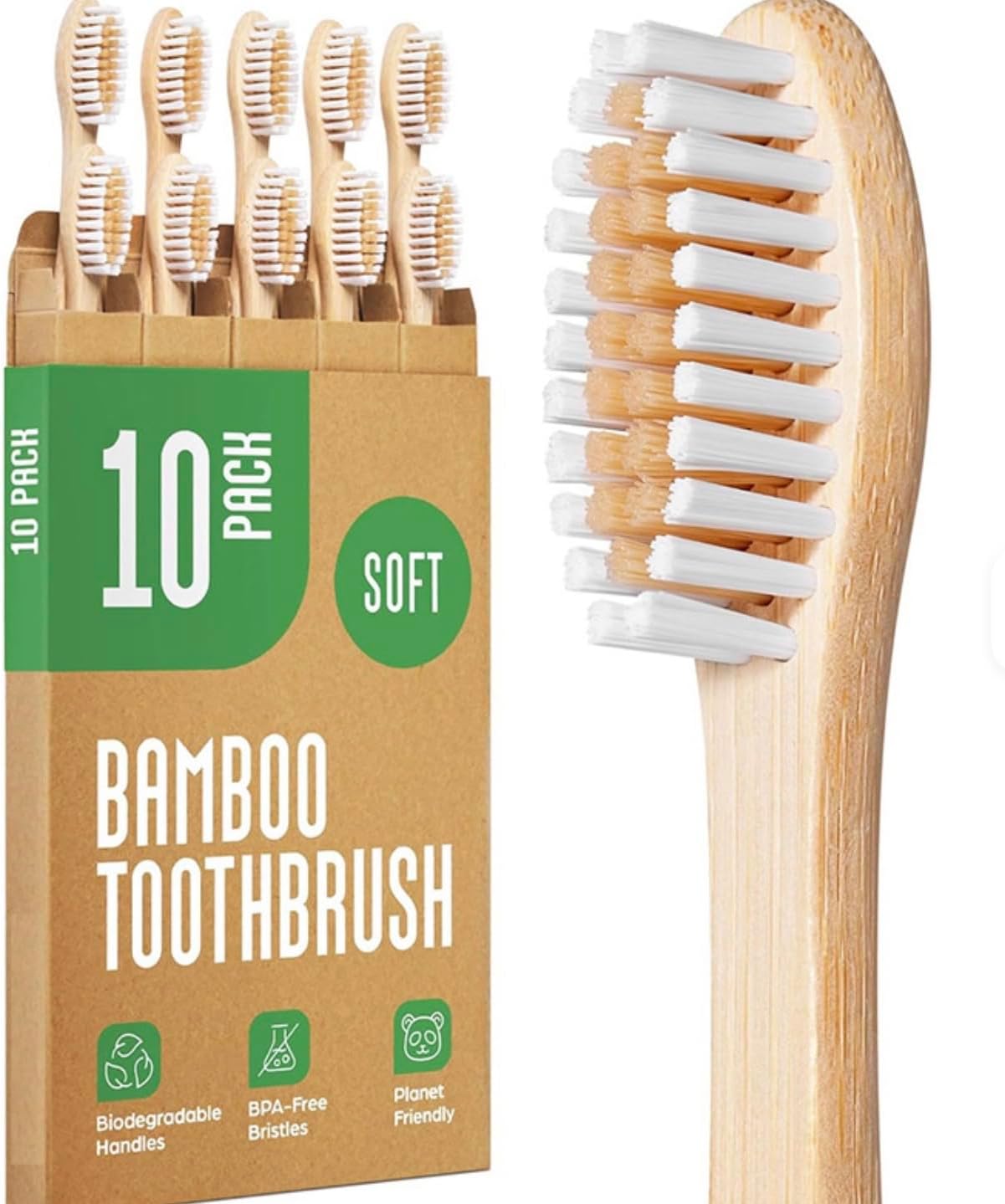 Bamboo Toothbrush Set, Soft Bristles, BPA-Free, Biodegradable Handle, Natural Wood, 10 Pack
