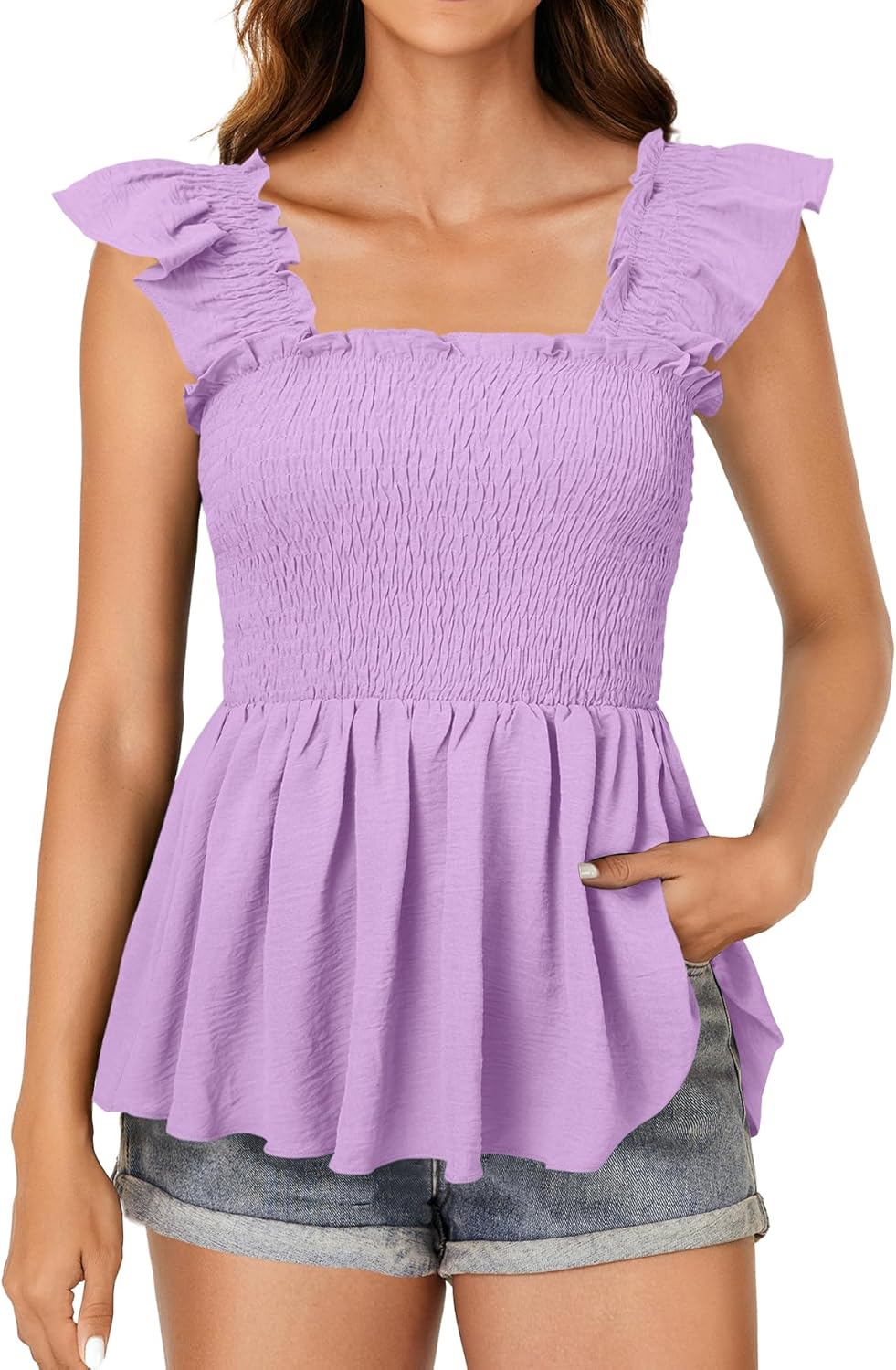 LYANER Women's Square Neck Ruffle Cap Sleeve Smocked Peplum Top Babydoll Shirred Blouse Tank - Image 4