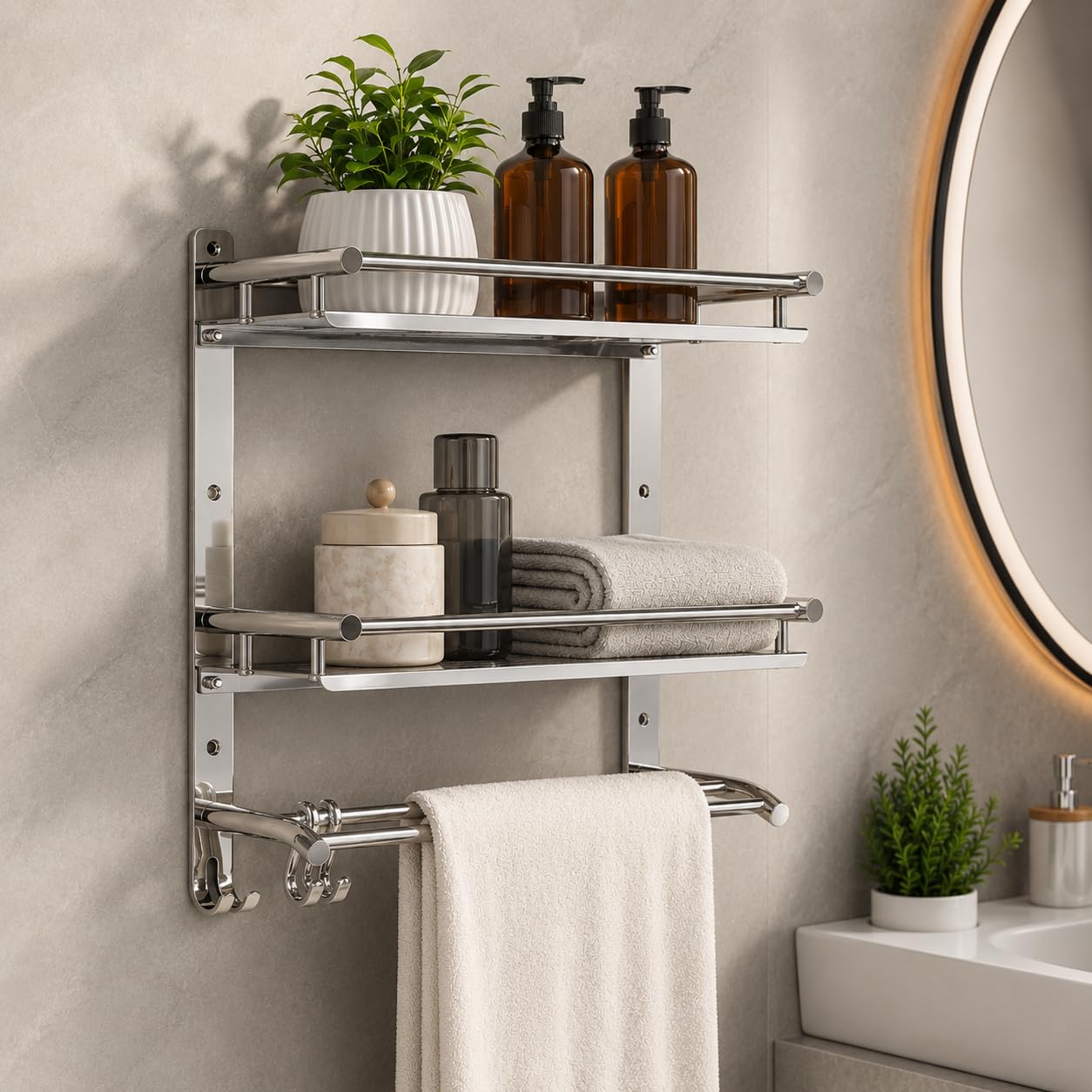 Hindware Bathroom Accessories 3-Layer Multi-Purpose Shelf | Made of Stainless Steel | Foldable & Convenient | Space Saving-image-23