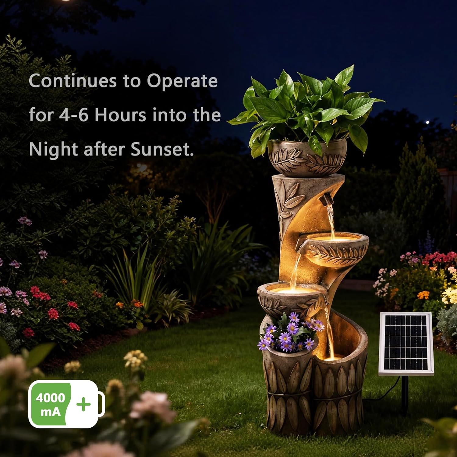 KAISOKU Solar Outdoor Water Fountain operating for 4-6 hours into the night