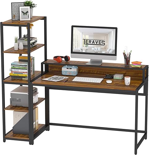 Teraves Escritorio para computadora con estantes de 5 niveles, escritorio reversible con almacenamiento, mesa de estudio de 33 pulgadas para oficina Teraves Escritorio para computadora con estantes de 5 niveles, escritorio reversible con almacenamiento, mesa de estudio de 33 pulgadas para oficina
