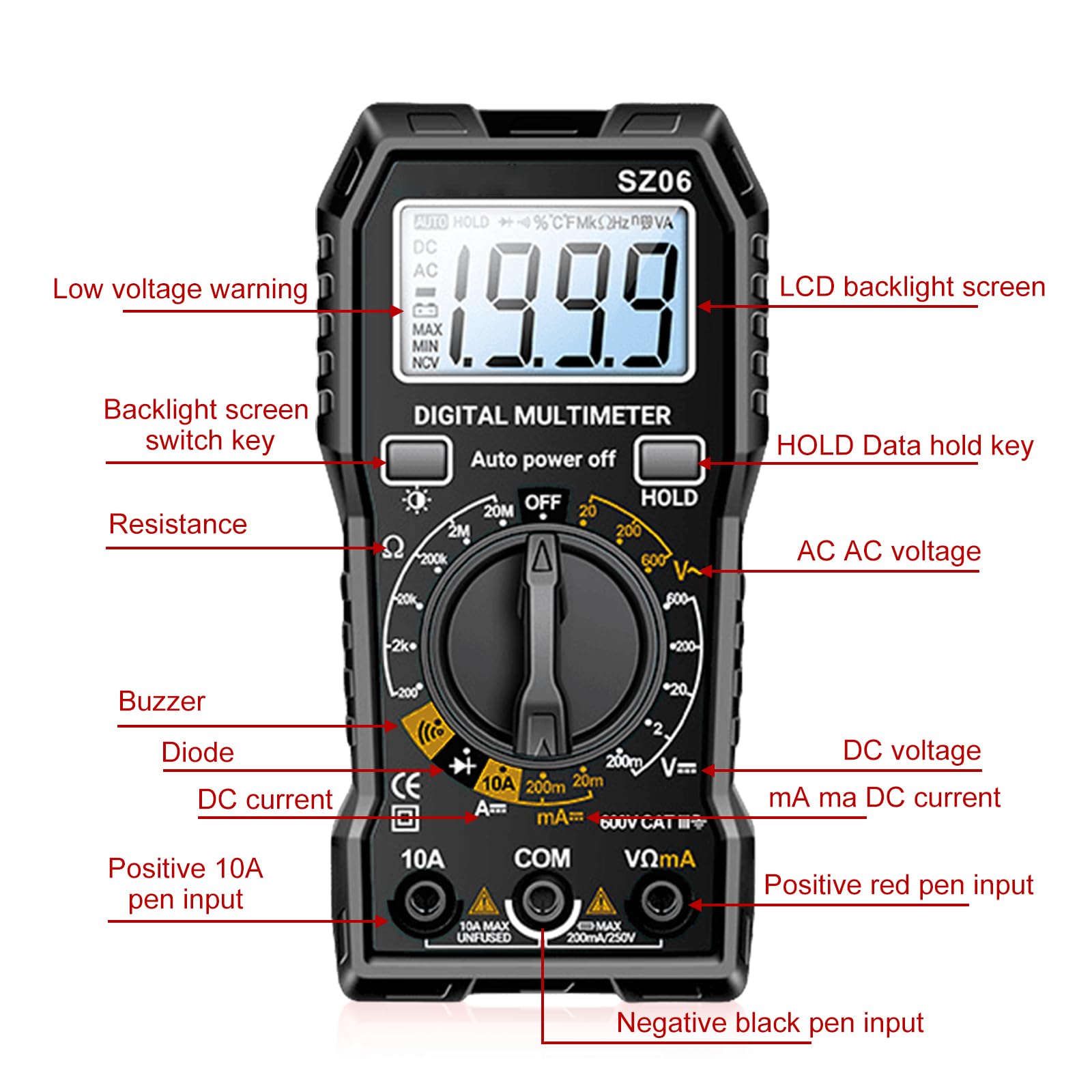Multimetro digitale, tester di tensione 600 V, voltmetro, tester di continuità, tensione, misuratore di corrente con linee di misurazione per tensione AC/DC, corrente DC, passaggio, resistenza, diodo