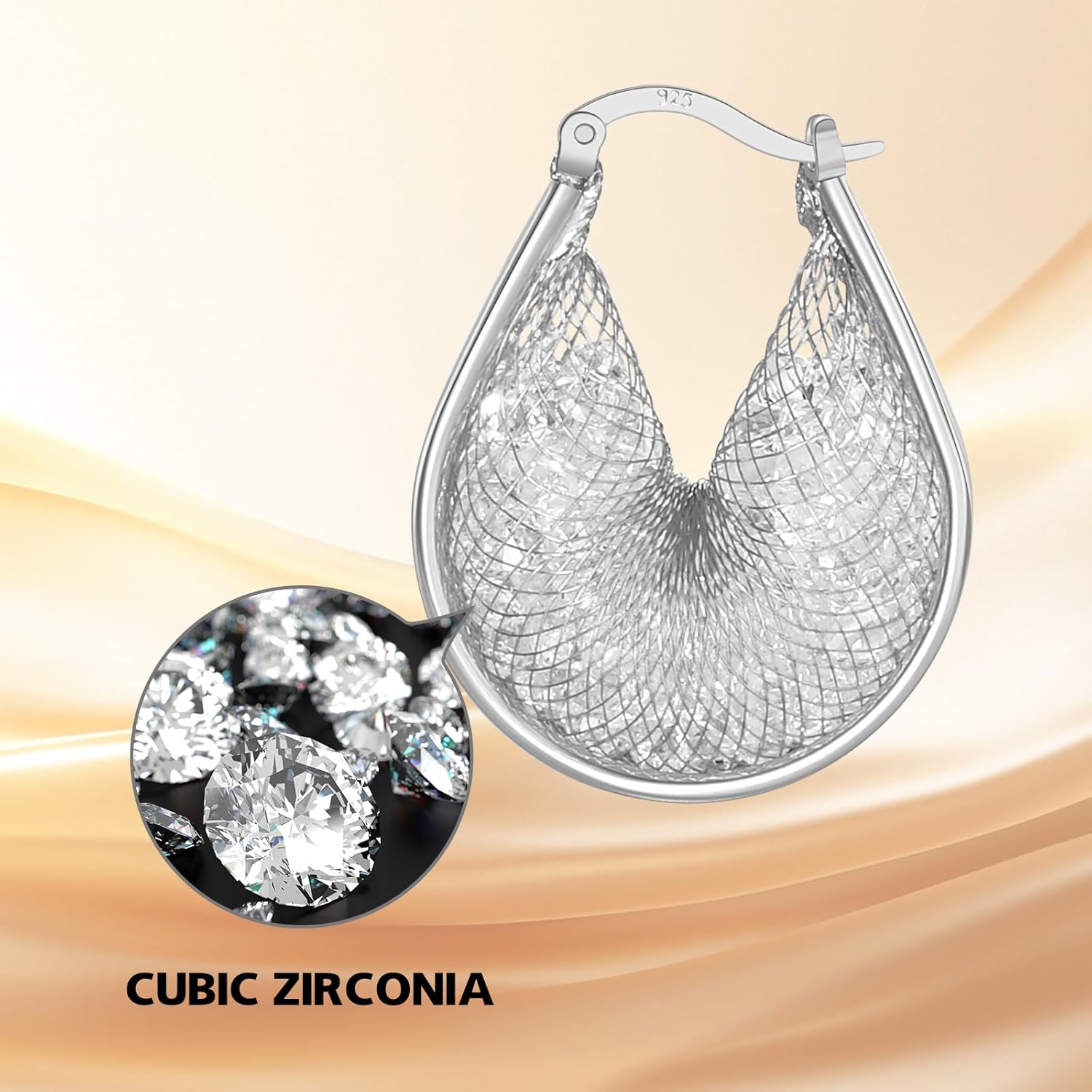 14K Gold Plated 25–33mm Mesh Hoop Earrings for Women, Cubic Zirconia, 925 Sterling Silver Post, Hypoallergenic Jewelry - Image 7