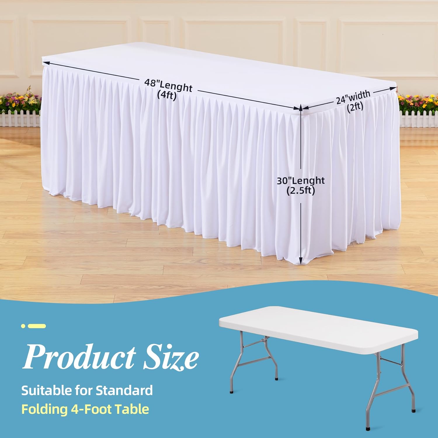 PARTISKY 1 Pack White Tablecloths for Rectangle Tables 4ft, Wrinkle Resistant White Table Cover Fitted Stretch Table Cloth with Pleated Ruffle Skirts for Party Banquet Dining Birthday Wedding