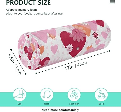 Miniatura 2 de JUNZAN Valentine Spotty Pink Floral Hearts Yoga Bolster Pillow Neck Roll Pillow Form Round Pillows for Sleeping for Lumbar Support Pillow Sleep