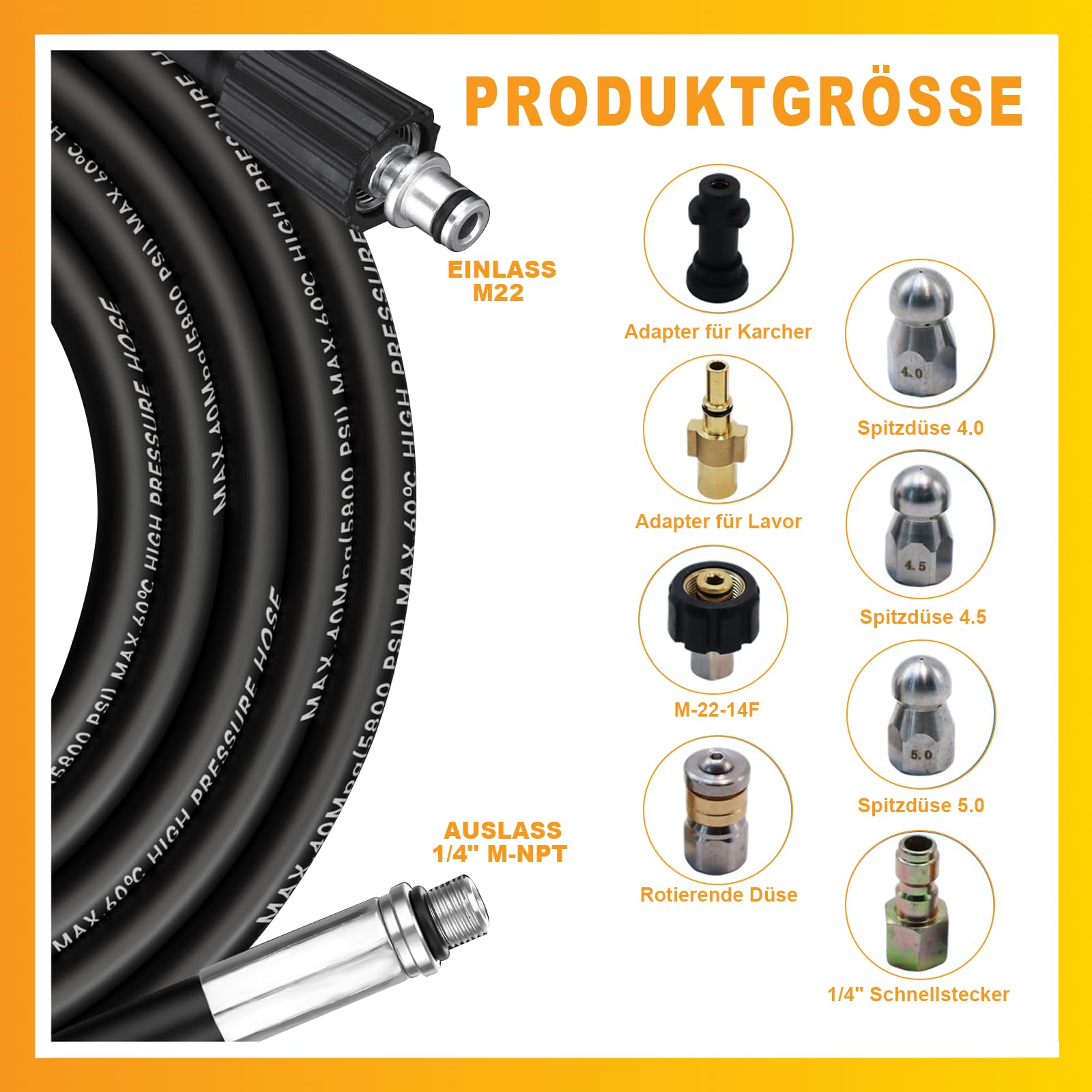 Set di tubi universali per idropulitrici ad alta pressione, 30 m, 5800 PSI/400 bar, con ugello rotante e ugello per flusso d'aria, compatibile con Kärcher K2-K7, Bosch, Lavor, attacco M22, adattatore