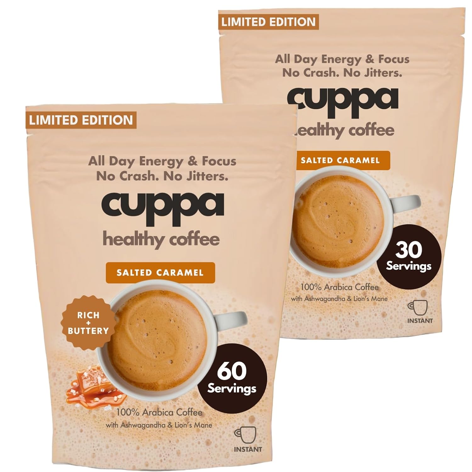 Cuppa Coffee - Great tasting medium roast with mushrooms, adaptogens & superfoods - Lion's Mane, Ashwagandha, Cordyceps, MCT, Prebiotic Fiber & L-Theanine. Supports natural energy & better mental focus, overall well-being + a happier gut (90 Servings, Salted Caramel)