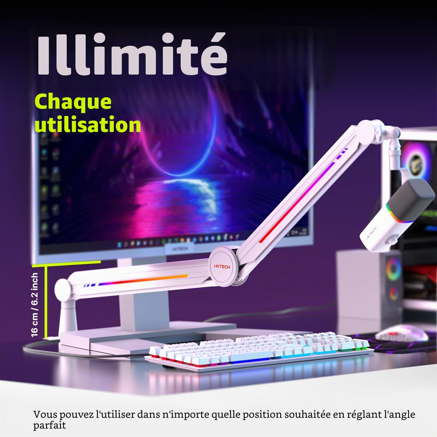 IXTECH Bras de microphone RGB à profil élevé, support de microphone à bras de perche aérienne réglable avec montage sur bureau, support de microphone réglable avec montage sur bureau, bras de