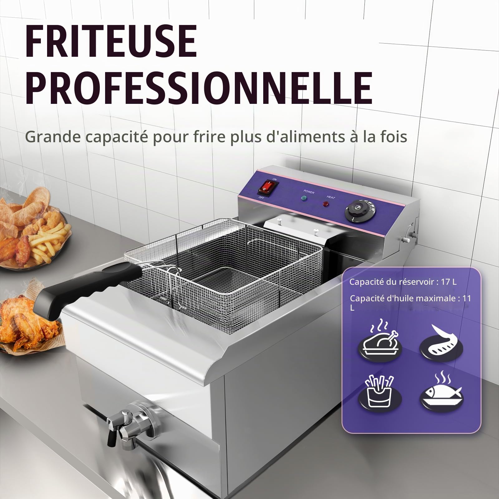 Friteuse électrique,16LCommerciale friteuse avec valve de vidange acier inoxydable,Professionnelle Inox Friteuse Avec Régulateur de Température,3000 W, 60-200 °C