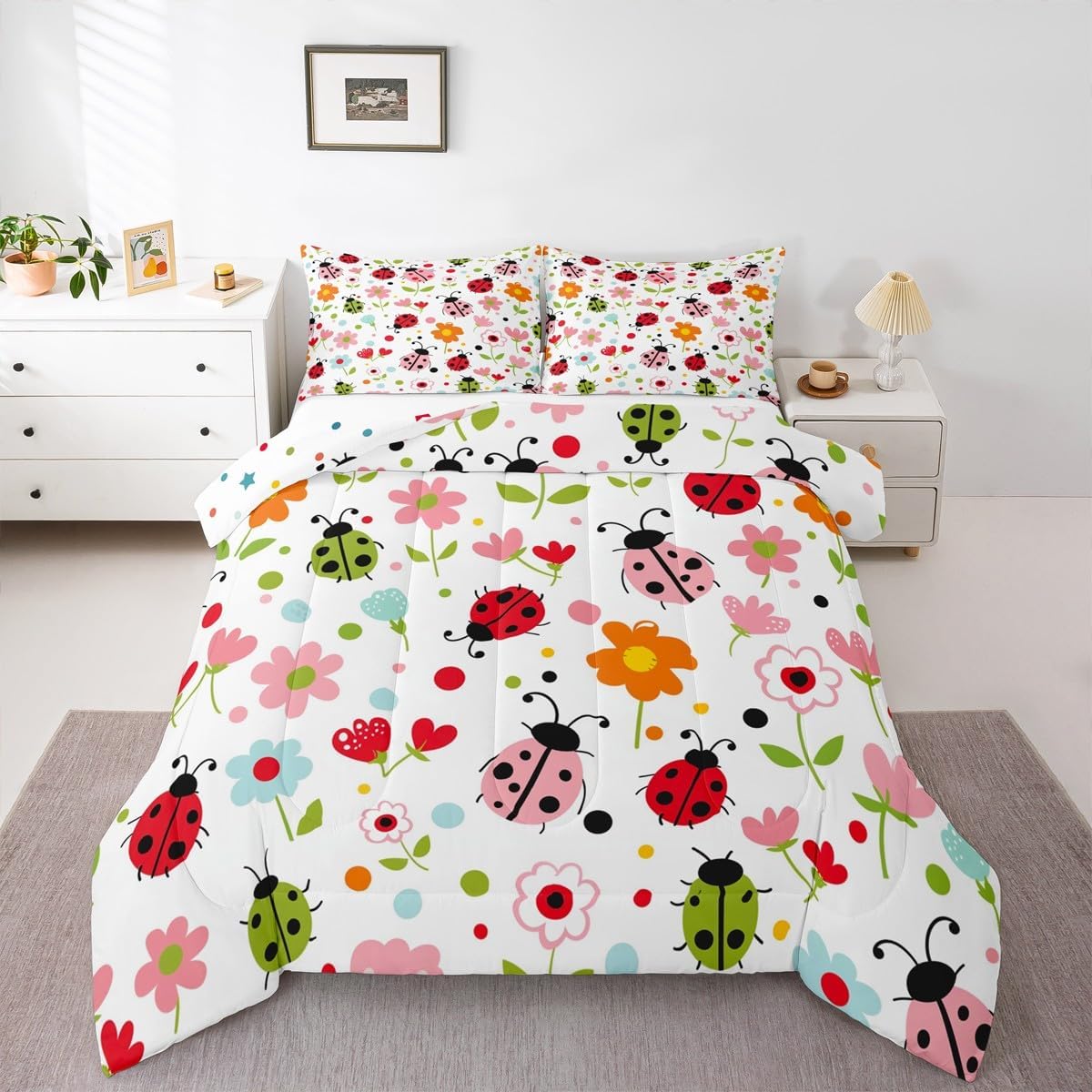 Manfei Cute Ladybug Comforter Set Queen Size,Watercolor Flower Bedding Set 3pcs,Cartoon Ladybird Floral Down Comforter for All Season,Kids Boys Girls Room Decor,2 Pillowcases,No Sheets