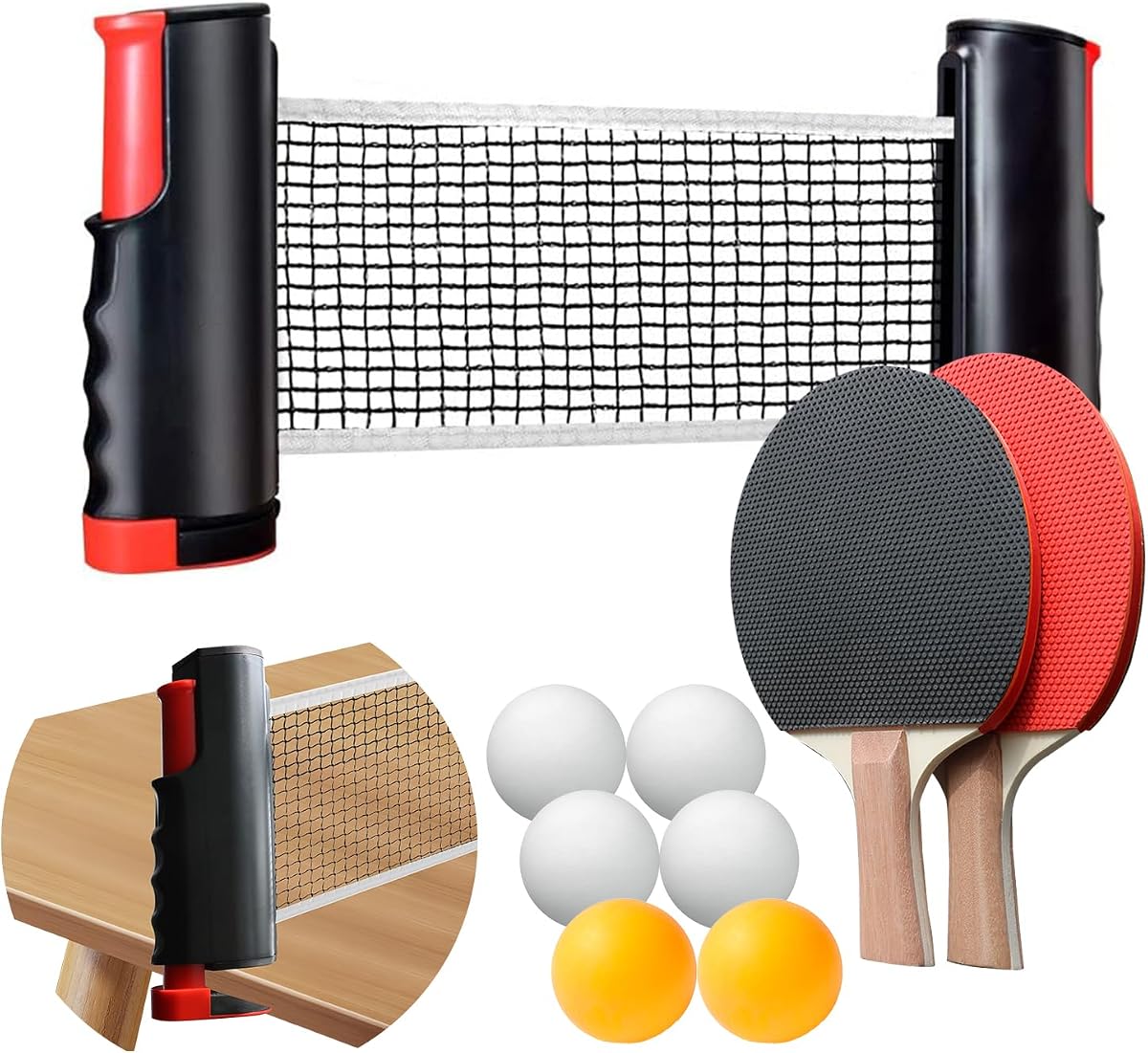Portable Ping Pong Paddle Set with Retractable Net, 2 Table Tennis Rackets, 6 Balls and Carry Bag for Indoor Outdoor Family Games,Easy Setup