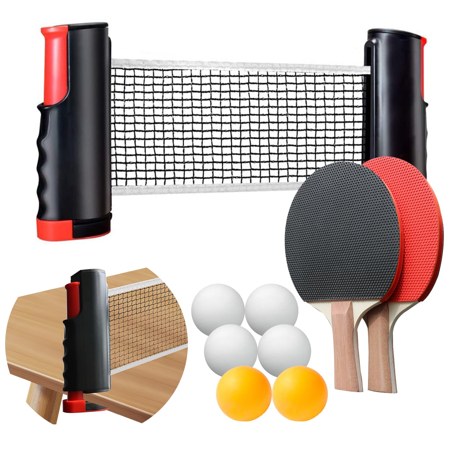 Portable Ping Pong Paddle Set with Retractable Net, 2 Table Tennis Rackets, 6 Balls and Carry Bag for Indoor Outdoor Family Games,Easy Setup