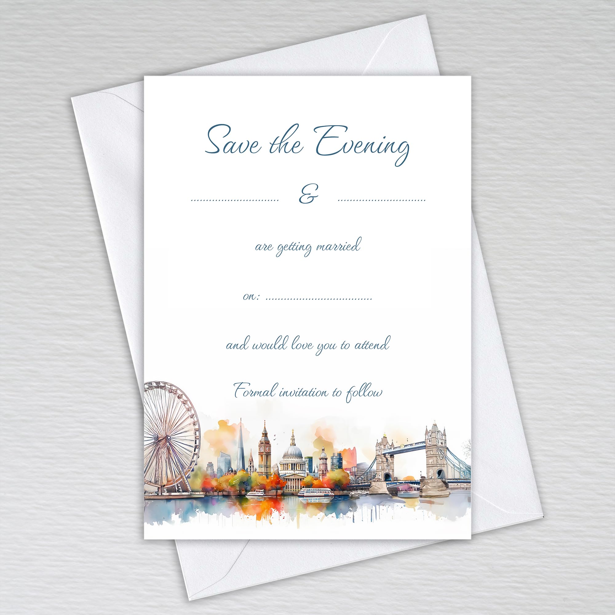 Webspectations London Themed Save the Evening Cards with Envelopes: Watercolour UK British English City of London Skyline Save the Evening Invites (Pack of 50 with Envelopes)