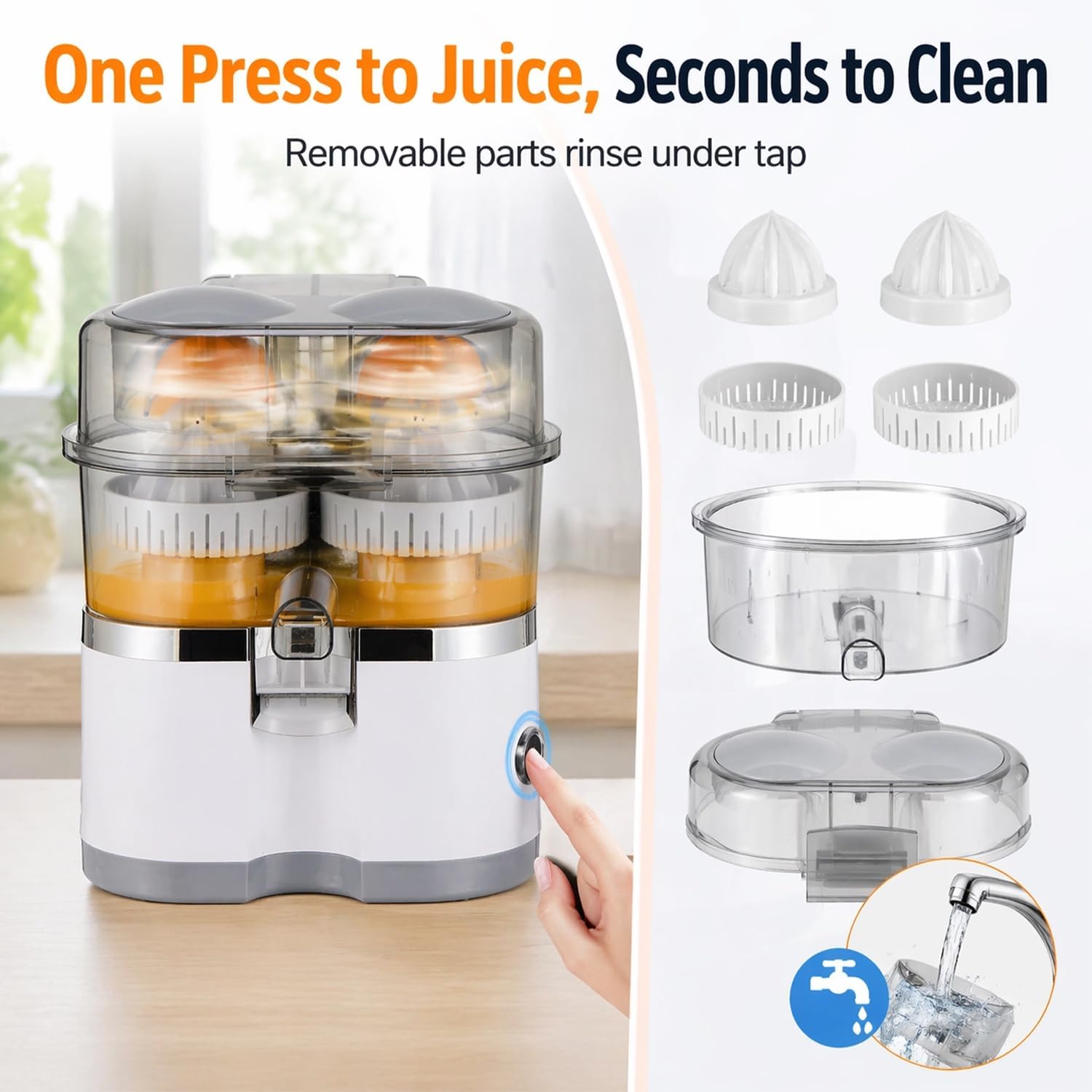Dual-Head Automatic Citrus Juicer, Dual-Head Electric Citrus Juicer, Built-In Cutter & Cones, One Button & Easy Clean, Exprimidor De Naranjas Electrico For Oranges, Lemons, Grapefruits (White)
