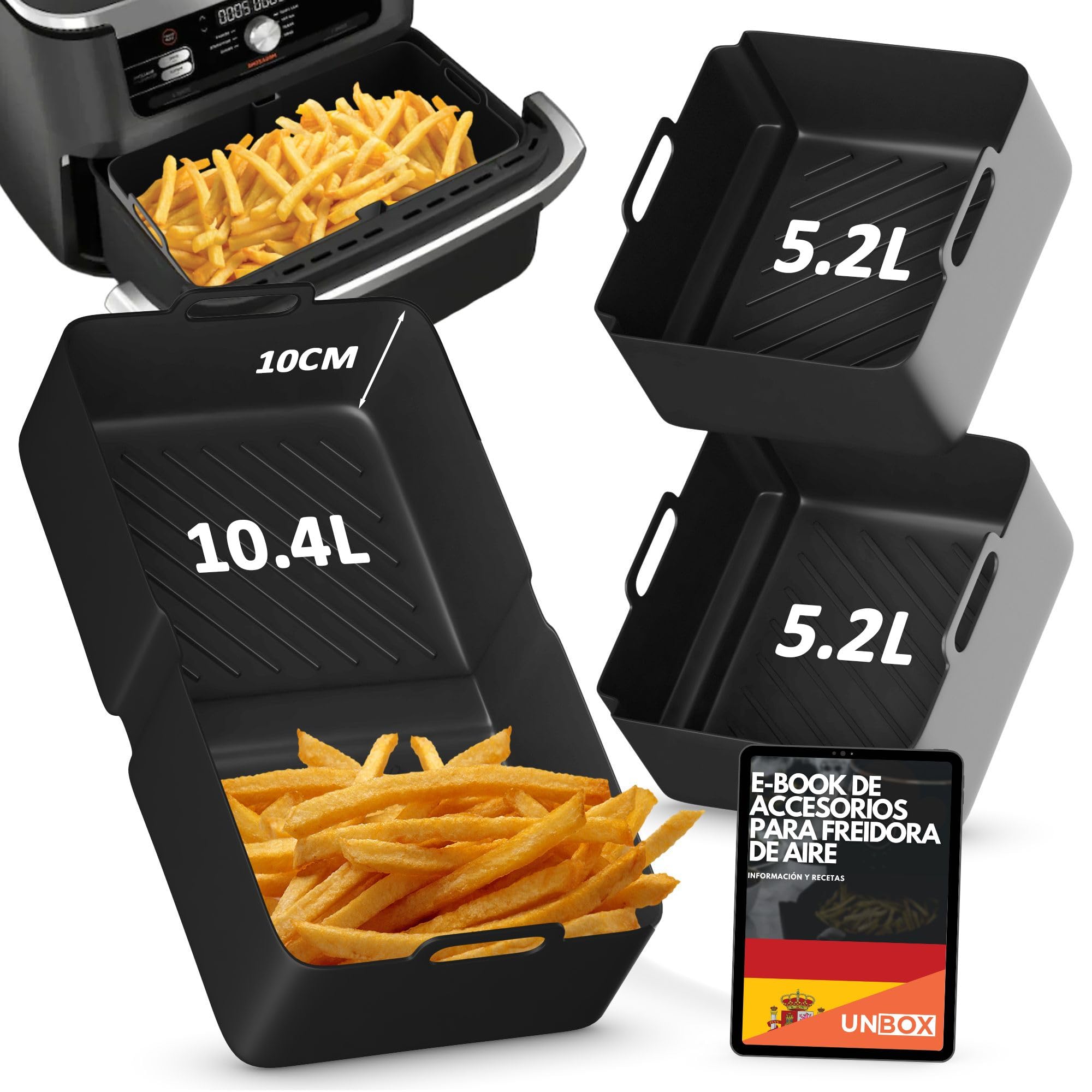UNBOX Moldes de Silicona para Freidora de Aire para Cosori 10L - Set de 3 Bandejas Reutilizables para Cosori Dual Blaze, Ninja Foodi FlexDrawer AF500EU, Accesorios para Horno y Freidoras de Aire