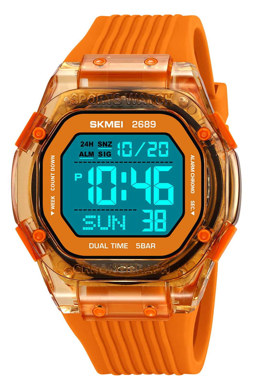 Gosasa Orologio sportivo digitale alla moda, impermeabile fino a 50 m, con cassa quadrata trasparente, leggero, per attività all'aperto, per donne e uomini, con retroilluminazione EL, doppio fuso