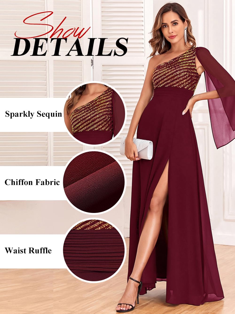 Women's Formal Evening Gowns Dress Long One Shoulder Sparkly Sequin Chiffon Split Cocktail Wedding Guest Ball Dresses - Image 2