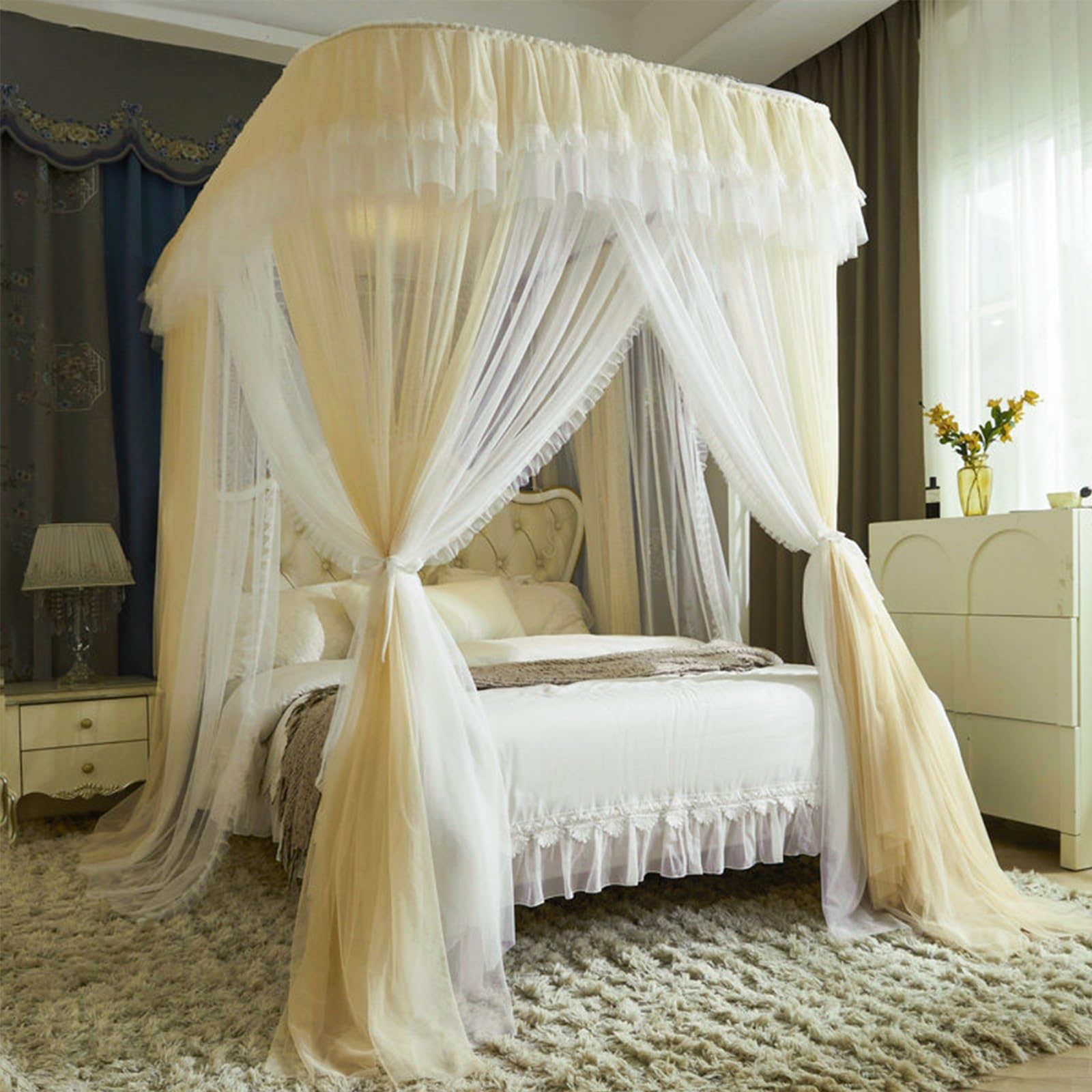 SARKEY U-Shaped Rail Bed Canopy Curtain,Lace Up Ruffle Princess,Three-Opening(C,180x220x210cm(71"x87"x83"))
