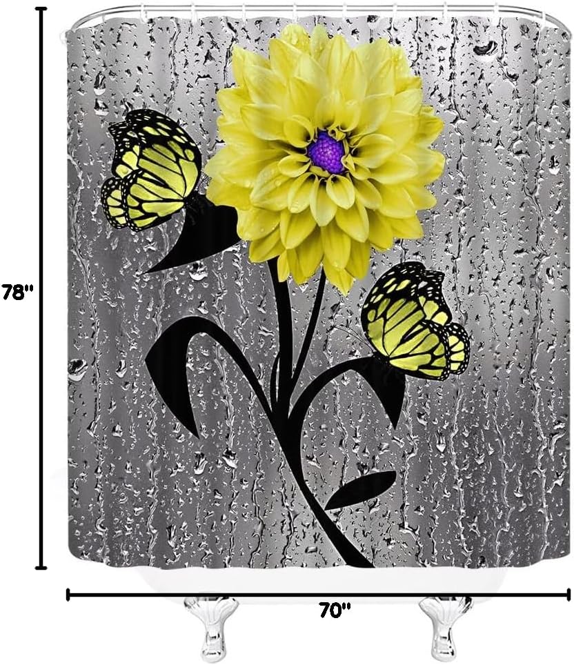 AMFD Yellow Flower Shower Curtain Dahlia Floral Butterfly Gray Water Beads Background Creative 3D Vivid Print Art Black Fabric Bathroom Curtain Set Machine Washable Include Hooks,（78" Wx70 H）