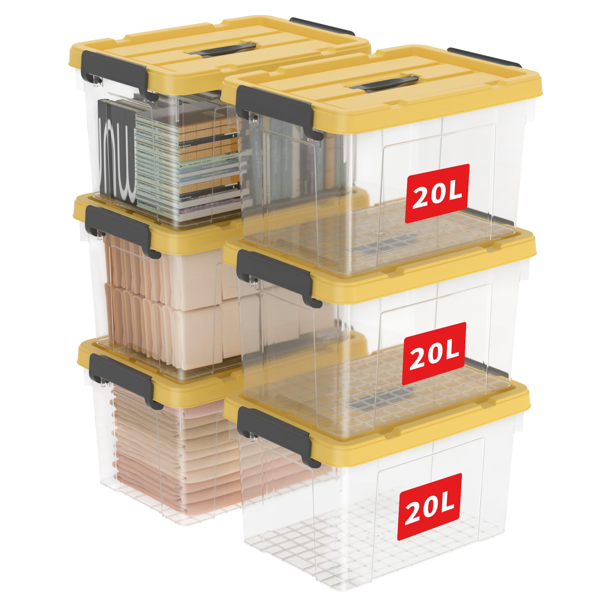 Cetomo 20L*6 Storage Box with Handle, Plastic Box with Lid and Secure Lock, Storage Container, Durable, Stackable, Sturdy, Yellow & Clear, 6 Pack of 20L