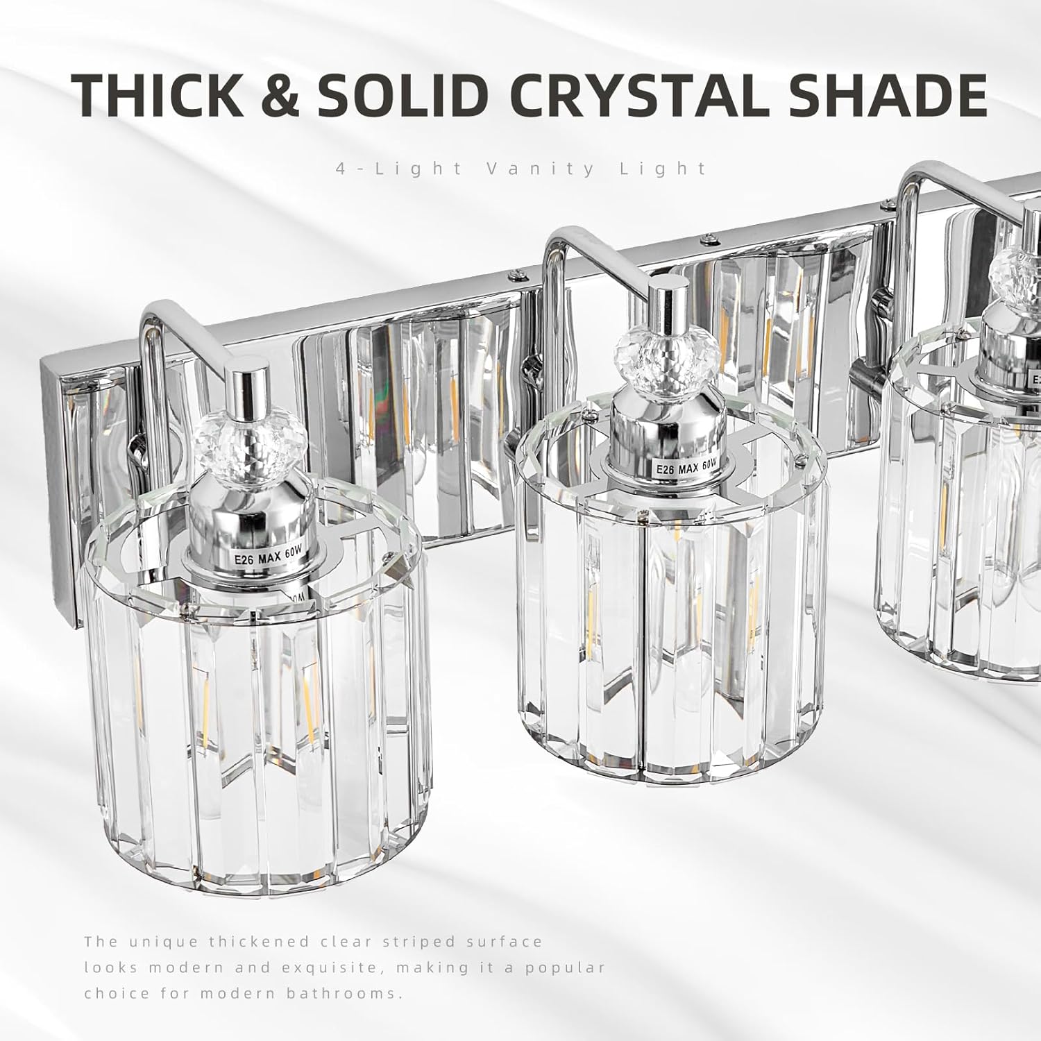 4-Light Modern Bathroom Light Fixture Chrome Bathroom Vanity Lights Over Mirror Wall Sconce Lighting with K9 Crystal Shades E26 Base for Bedroom, Living Room, Hallway, Cabinet Wall Lamp