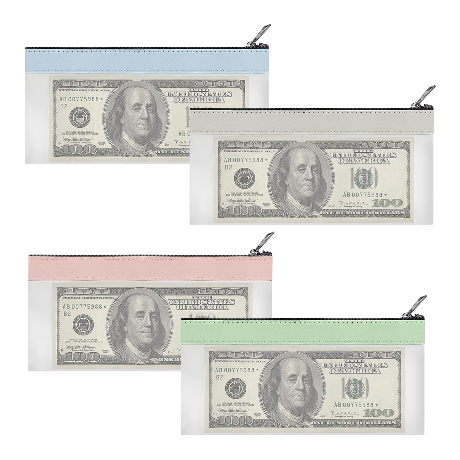 4pcs Money Bags with Zipper, Clear Cash Envelopes Coin Purse, Bank Bag, Cash Bag, Coin Bag for Collectors,Multi-Purpose Check Wallet (4 Colors)