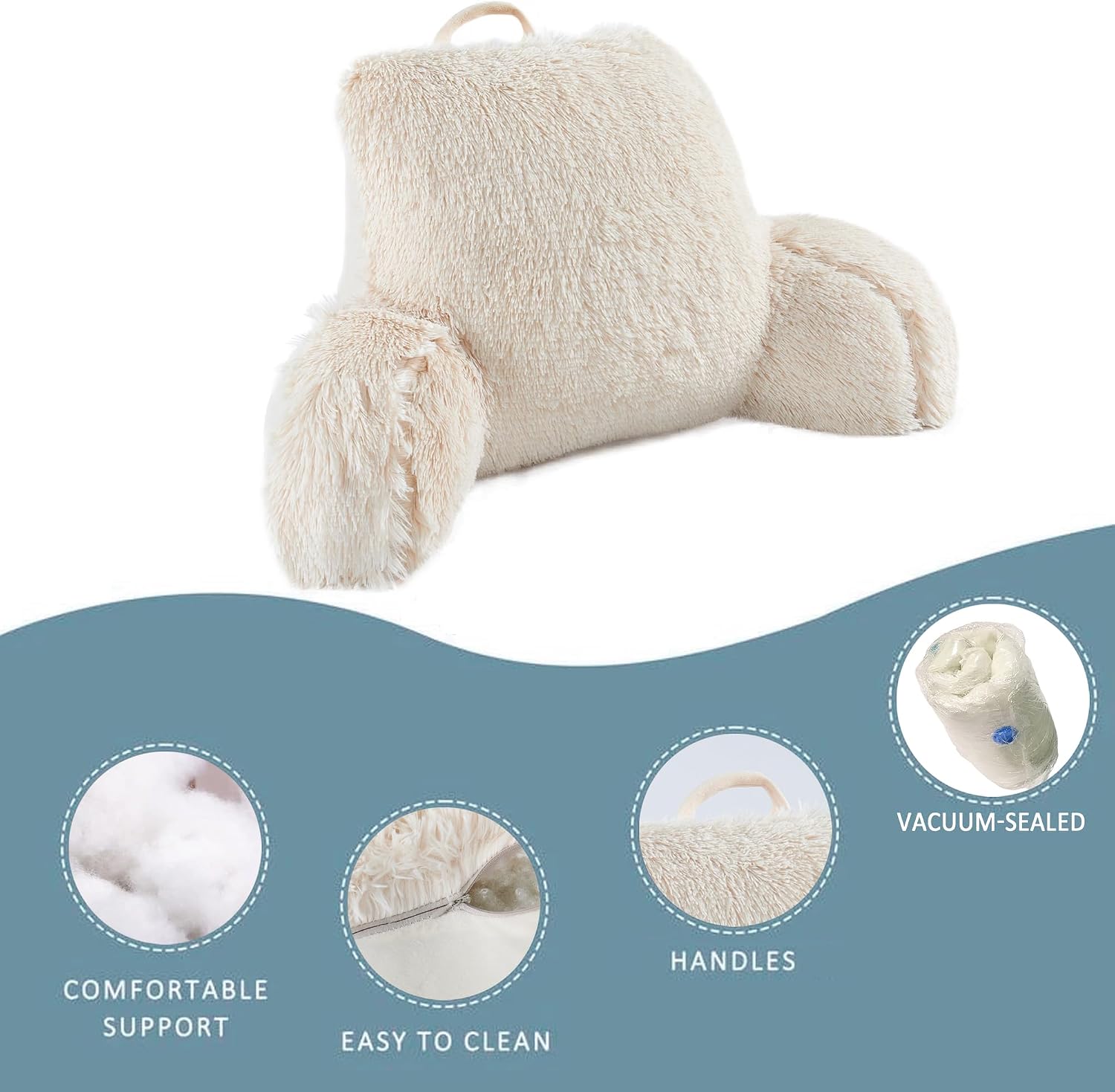 HESTIN Reading Pillow with Arms for Bed and Sofa, Back Rest Pillow with Handle for Neck Pain Relief, Comfort for Adults & Kids, Cream White